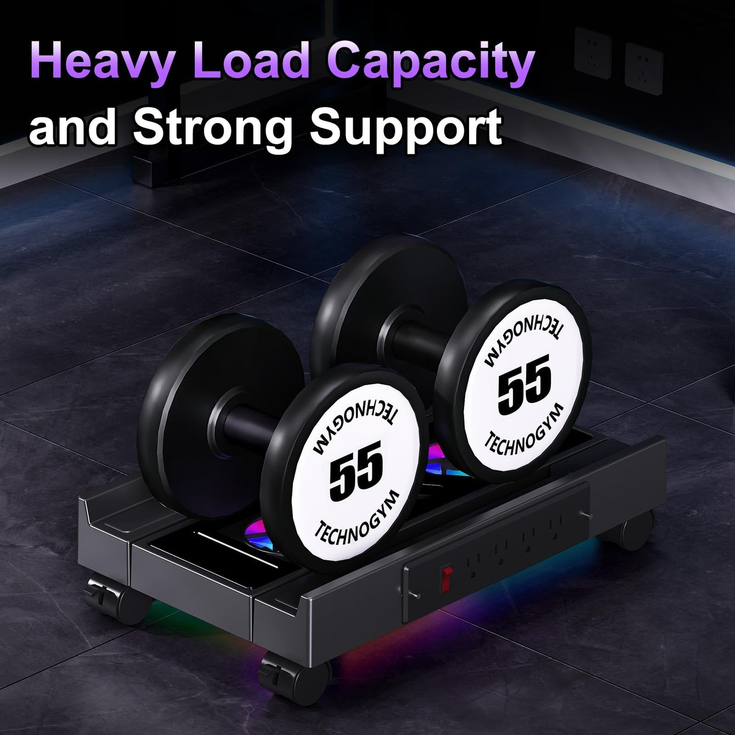 Hovadova Computer Tower Stand with Charging Station, Cooler Fan and Light, Adjustable PC Stand for Floor, Mobile CPU Stand with 4 Caster Wheels, Under Desk CPU Holder Fits Most PC Tower