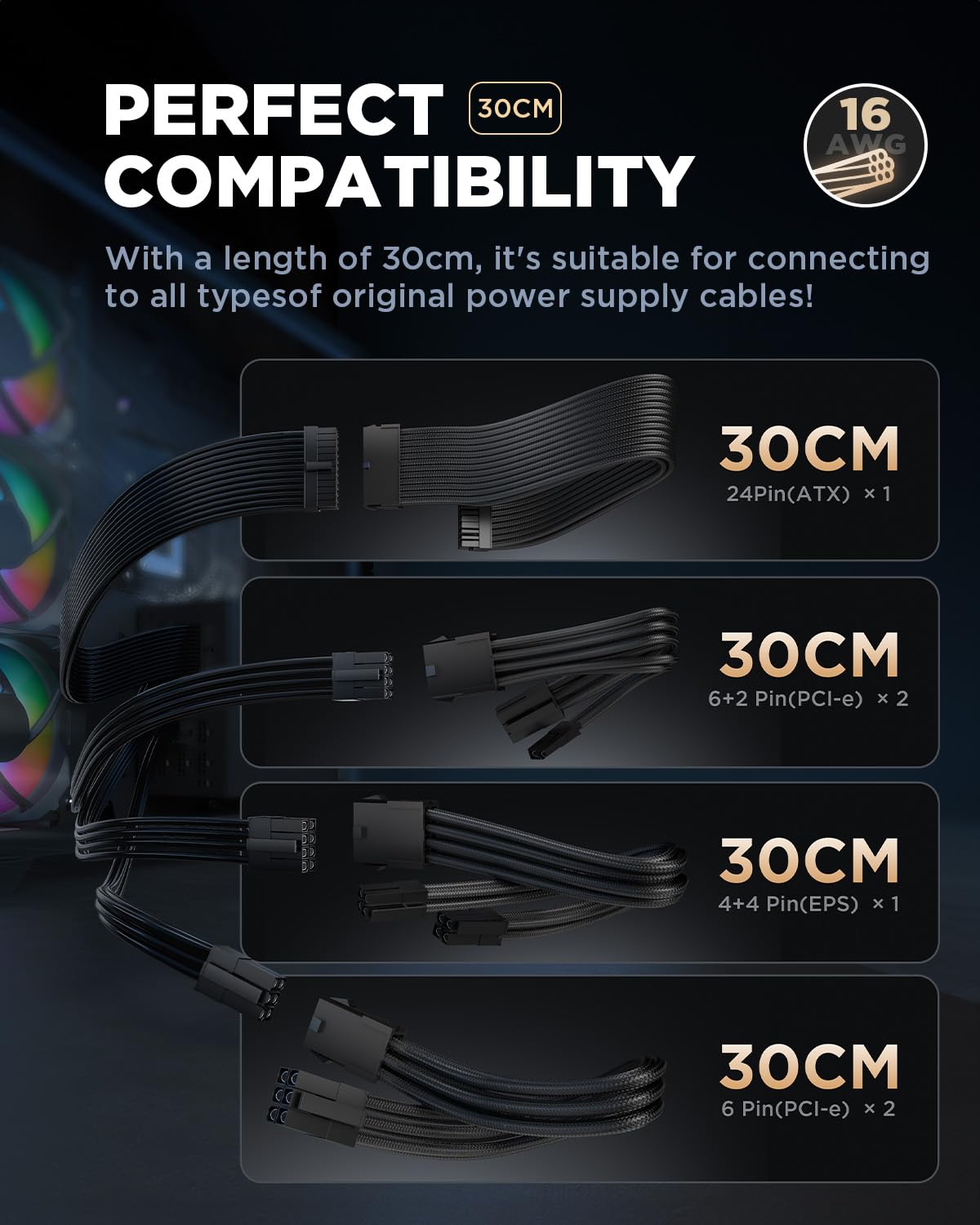 ASIAHORSE 16AWG PSU Cable Extension Power Cords, Customized Power Supply Mod Sleeve Extension Cable, ATX/EPS/8-pin PCI-E/6-pin PCI-E for PSU Cable