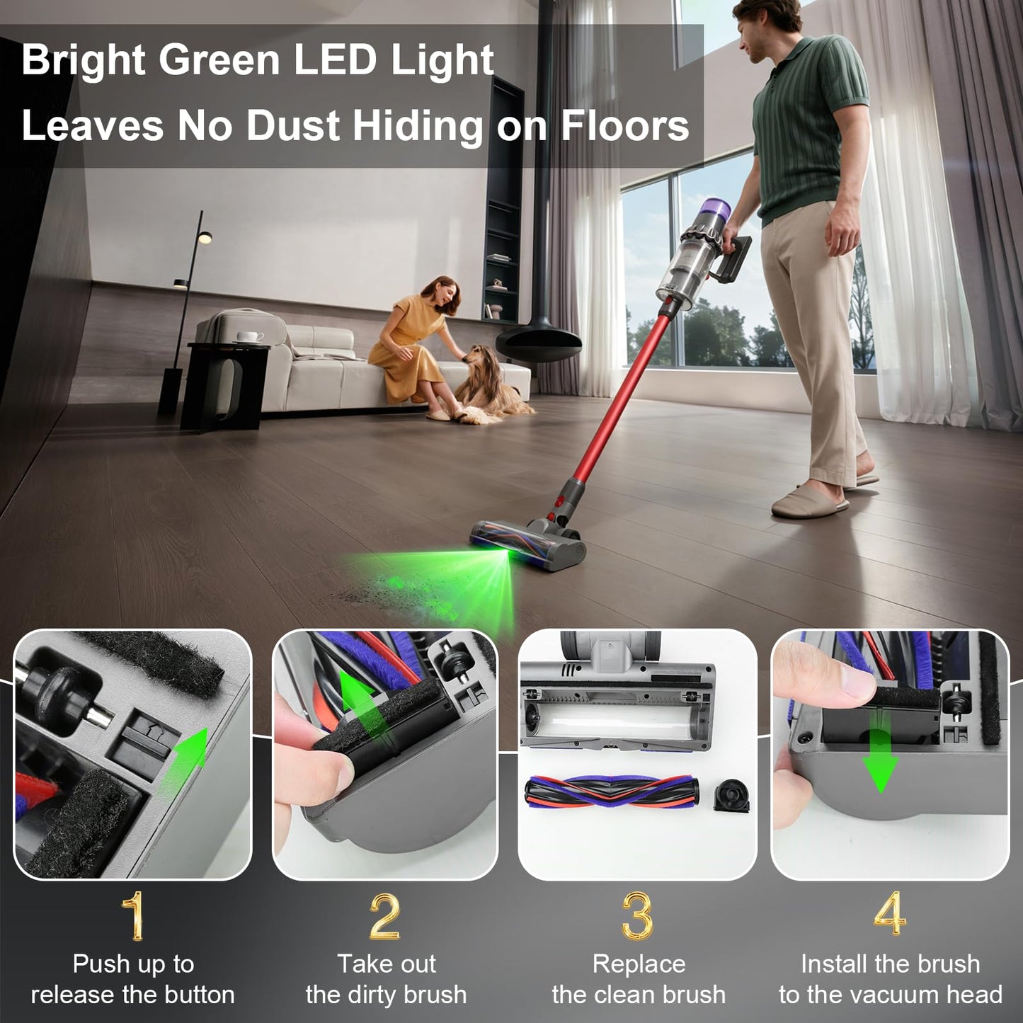 LED Green Light Vacuum Head Replacement for Dy-son V7 V8 V10 V11 V15 Cordless Vacuum Cleaner, Quick Release Head Attachments with 2 Pack Anti-Tangle & Soft Motorhead Roller Brushes