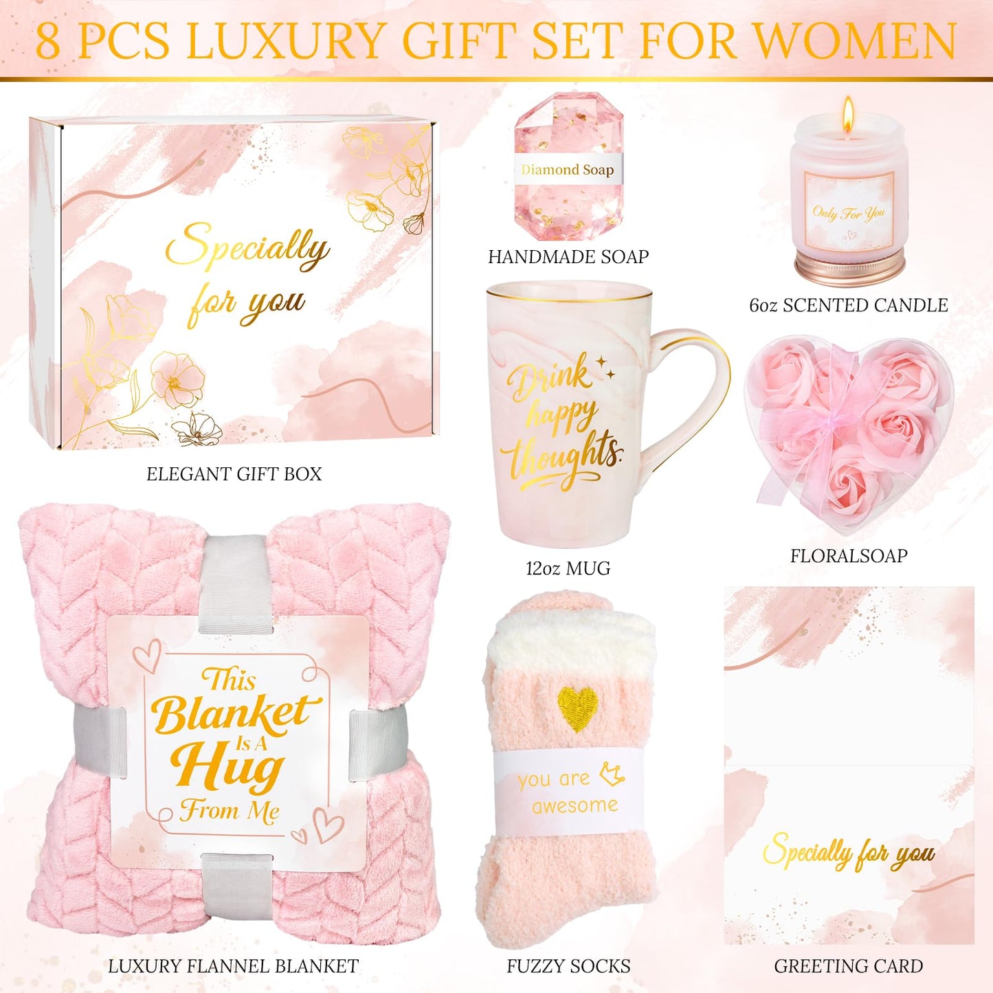 MIXVOVA Birthday and Get Well Gifts for Women - Self Care Relaxing Spa Package with Luxury Flannel Blanket, Unique Valentines Day Mother's Day Gifts for Mom Wife Friends