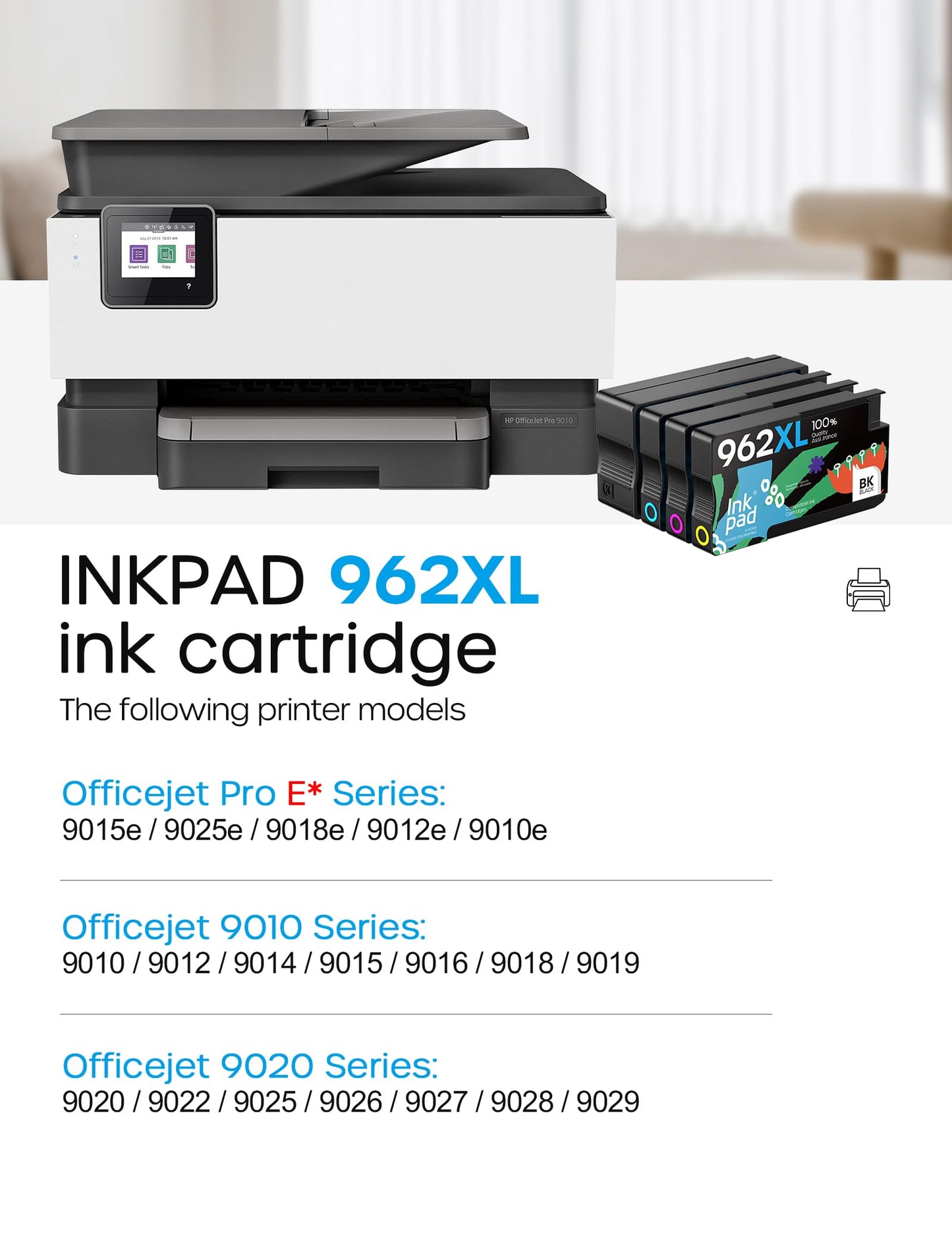 iNKPAD 962XL Ink Cartridges Compatible with HP 962 XL 962 Ink Cartridge Use for Officejet Pro 9018e 9015e 9018 9012e 9015 9010 9018e 9012 9025e 9025 9020 Printers (4 Pack, B/C/M/Y)