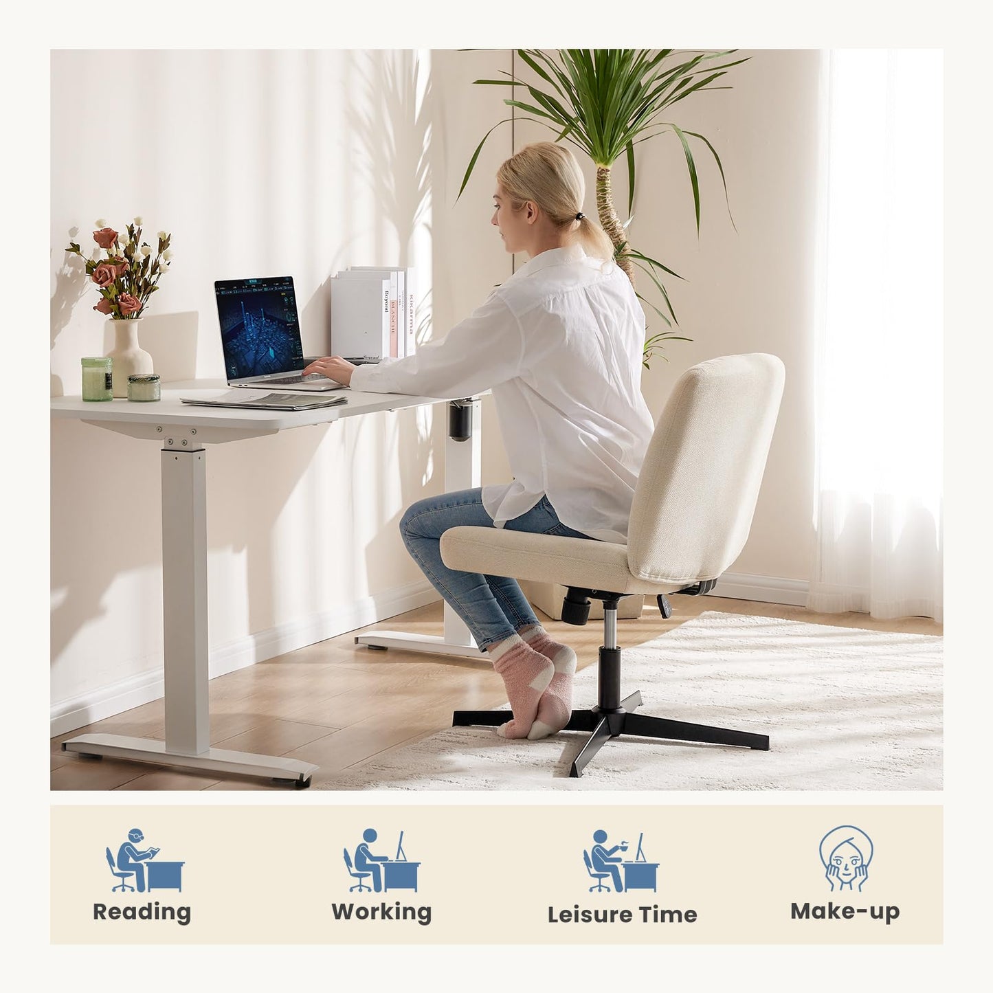 DUMOS Criss Cross Chair No Wheel Legged Office Wide Comfy Desk Vanity Chair, Armless Computer Task Seating PU Leather, Swivel Home Height Adjustable for Bedroom, Study, Beige No Wheel