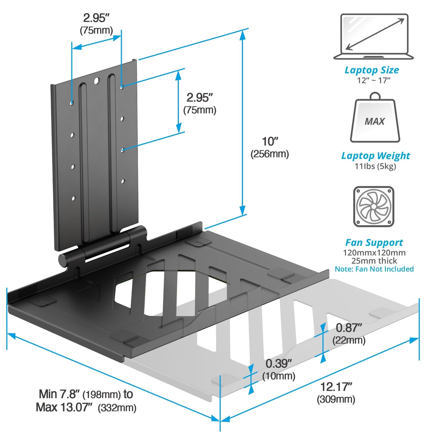 AVLT Adjustable Laptop Tray with Support for 120mm Fans Compatible with VESA 75x75 Monitor Arm - Suitable for Laptops Up to 17Inch - Weighs 4.41lbs, Black (Fan Not Included)