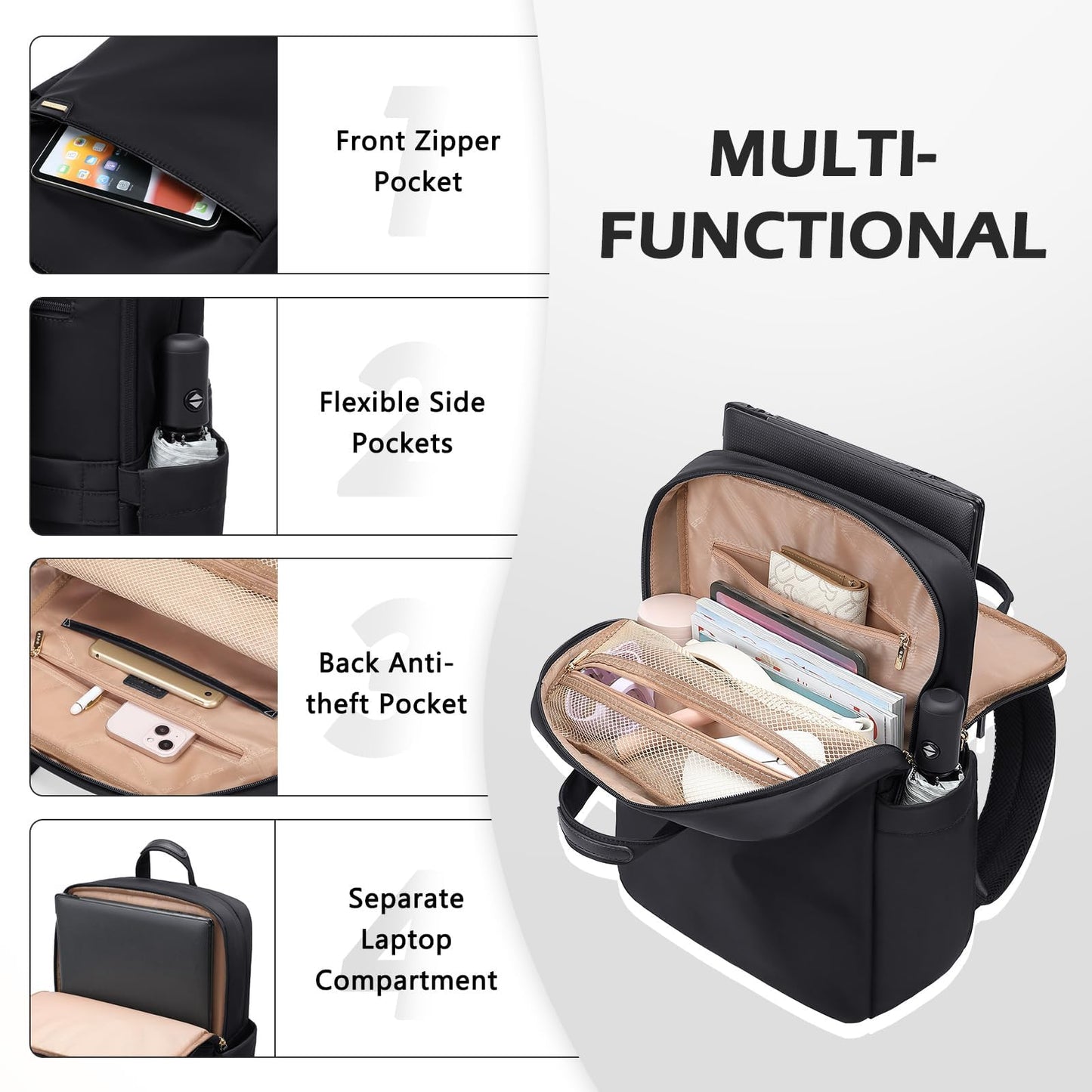 GOLF QUALITY Slim Laptop Backpack for Women, Lightweight Business Backpack for Women Computer Bag Purse for Commuting, Fit 16 Inch, Black