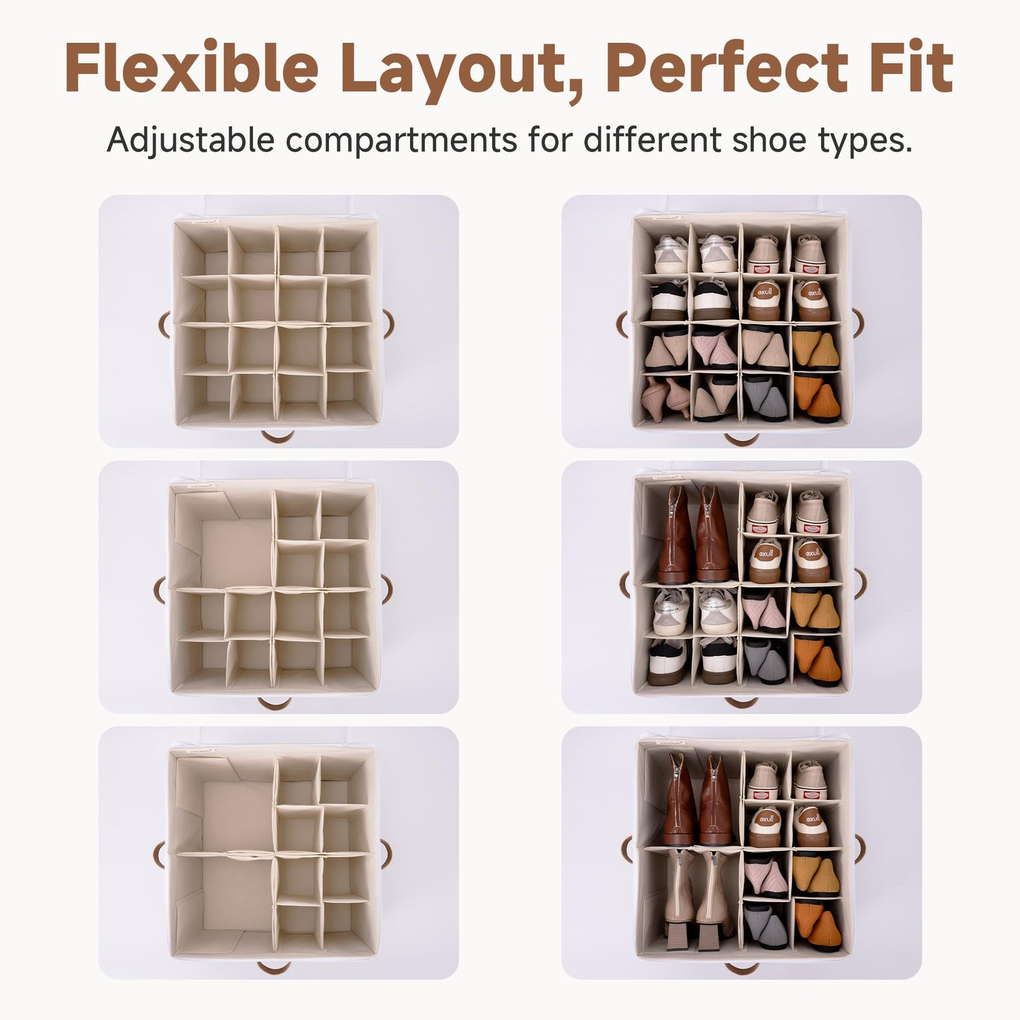 StorageWorks 2 Pack Shoe Organizer for Closet, Foldable Shoe Storage Box with Adjustable Dividers, Fabric Shoes Container, Stackable Storage Bins for Boots, Sneakers, Fits up to 16-32 Pairs, Beige