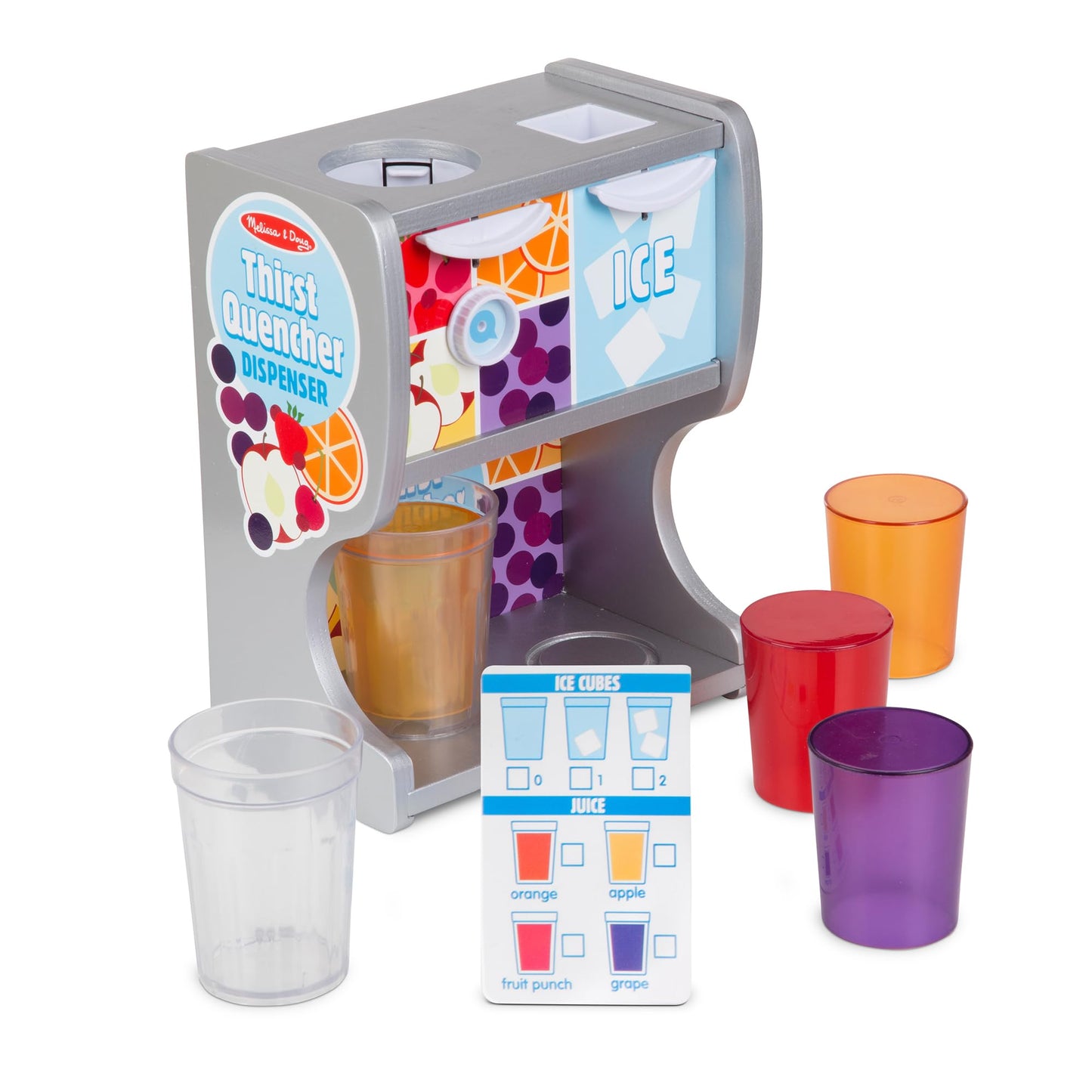 Melissa & Doug Thirst Quencher Wooden Drink Dispenser Pretend Play Set with Cups, Juice Inserts, Ice Cubes - FSC CertifiedPretend Play Soda Fountain, Food Sets for Kids Kitchen, for Kids Ages 3+