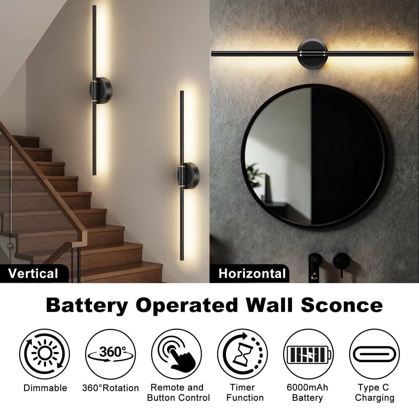 DEALGADGETS Battery Operated Wall Sconces Set of 2, Dimmable 6000mAh Rechargeable Wall Lights, LED Wall Lamp with Remote Control