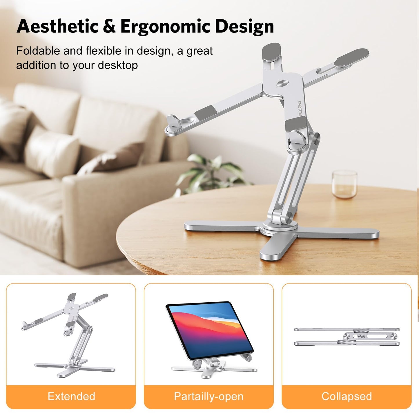 OMOTON 360 Rotating Laptop Stand Riser for Desk, Ergonomic Foldable Computer Stand Adjustable Height Angles for Collaborative Work, Easy Storage Fit Macbooks,All Laptops up to 16 inches, Silver
