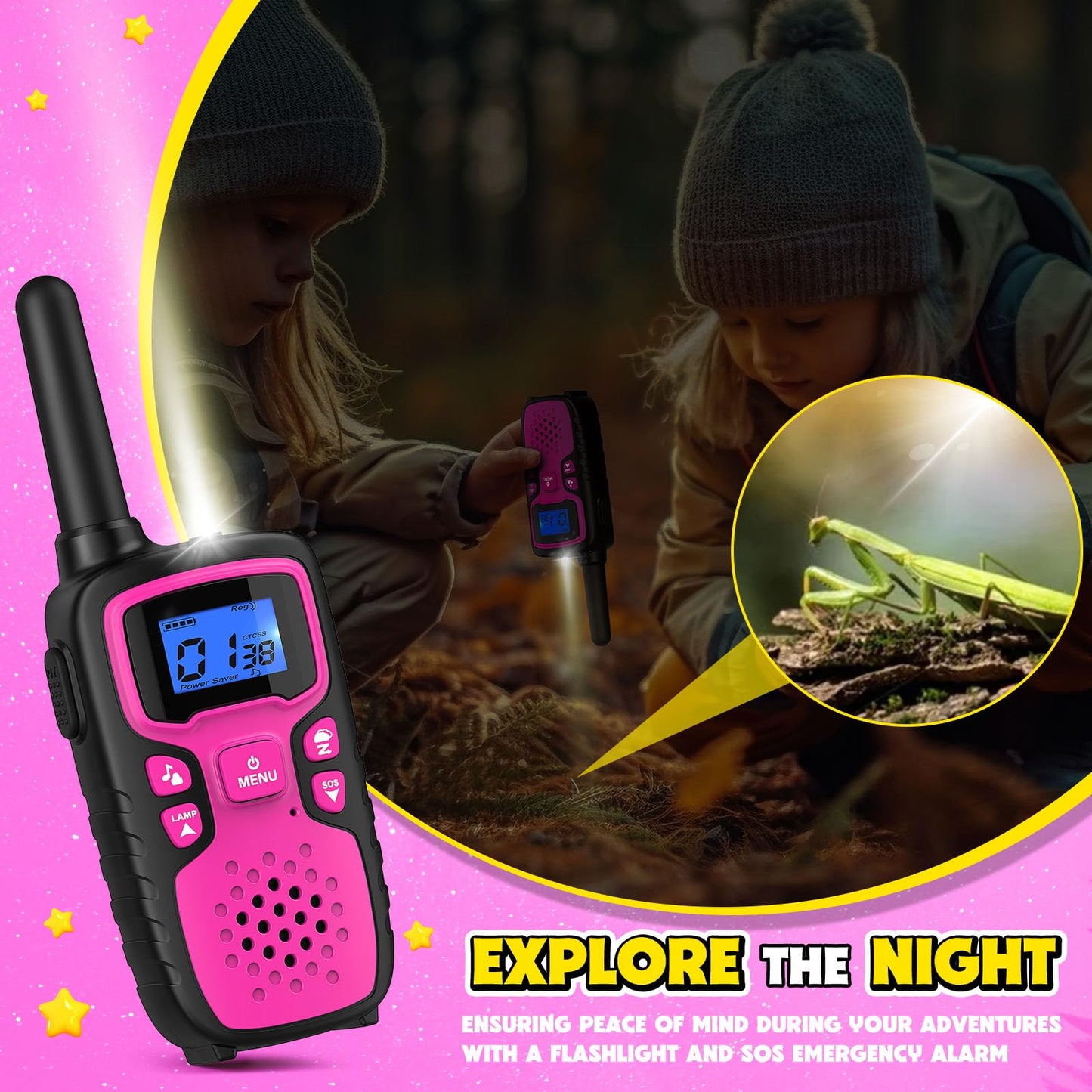 Wishouse Walkie Talkies for Kids Rechargeable Long Range,Xmas Birthday Gift for 4 5 6 7 8 9 Year Old Girls,Hiking Gear Camping Games Cool Toys with NOAA,SOS Siren,Lamp,Lanyards,Easy to Use,2 Pack