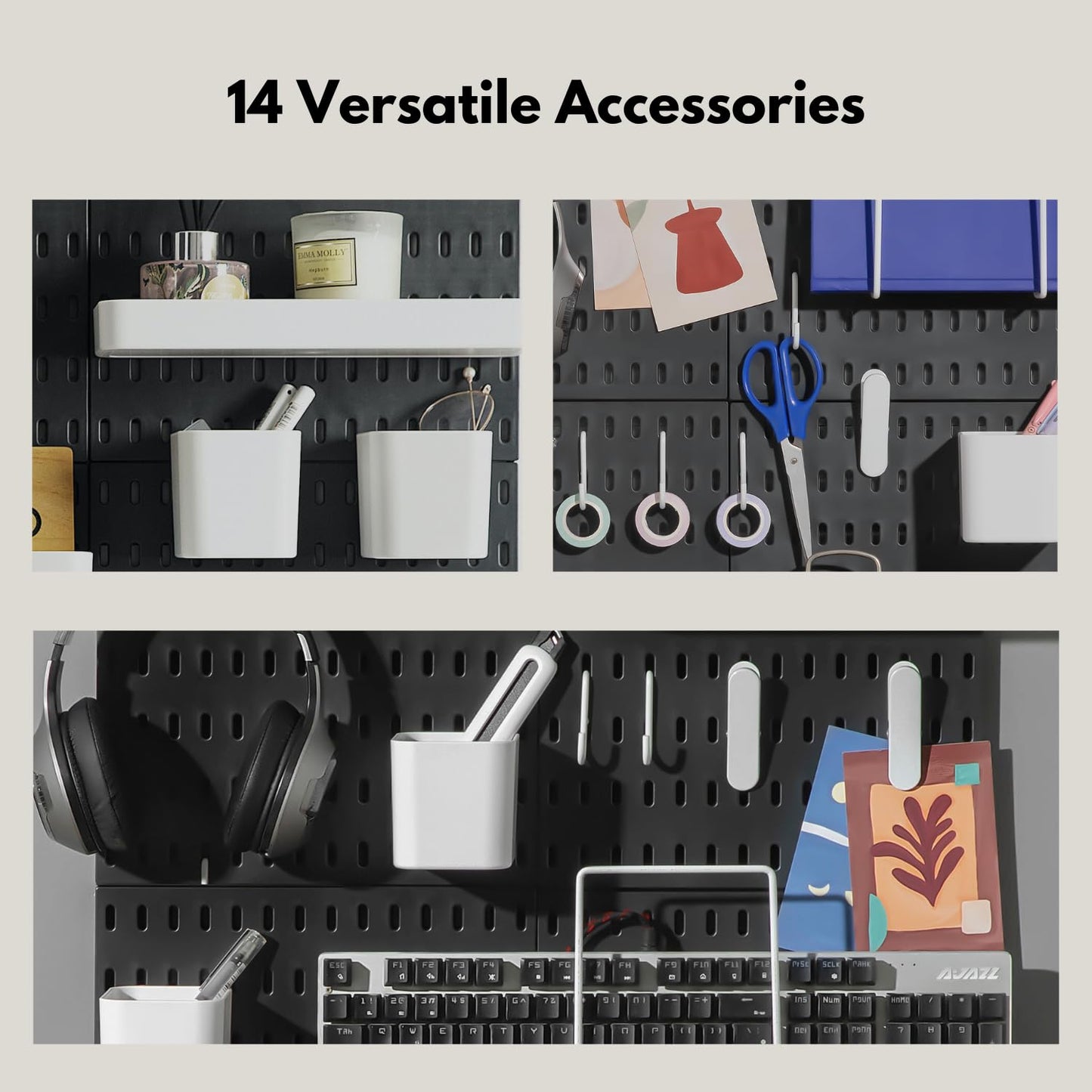 Keepo Peg Board Wall Organizer – Plastic Pegboard Panels, Modular Peg Board Storage System for Home Office, Craft Room, Gaming Setup (Black, 22″×22″)