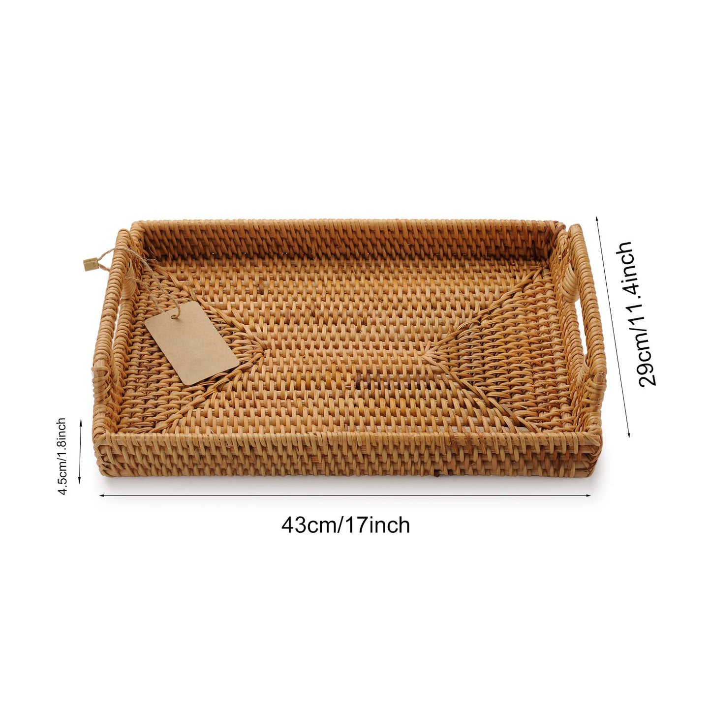 Hand-Woven Rattan Rectangular Serving Tray with Handles for Breakfast, Drinks, Snack for Coffee Table (17x11.4x1.8inches)