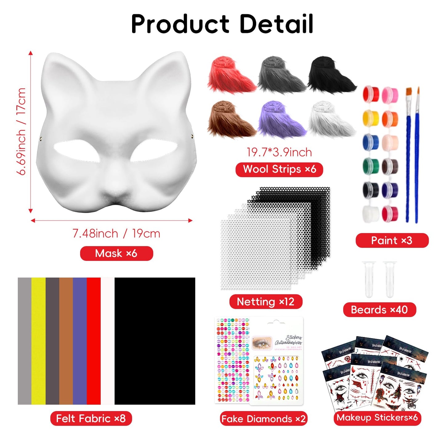44 PCS Therian Mask Kit Halloween Cat Masks Arts Crafts Kit DIY Furry Masks to Paint Therian Tail Mask Making Kit with Halloween Stickers Gems Stickers Felt Fabric Sheet Fur Eye Mesh