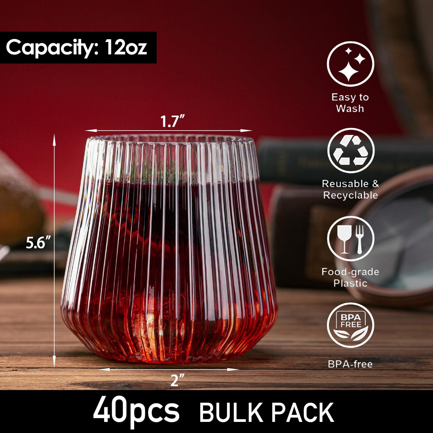 eventpartener 40 Pcs Disposable Stemless Wine Glasses, 12OZ Plastic Wine Cups, Origami Style Unbreakable Drinking Glasses, Bulk pack Acrylic Whiskey Cocktail Glasses, Shatterproof martini glasses