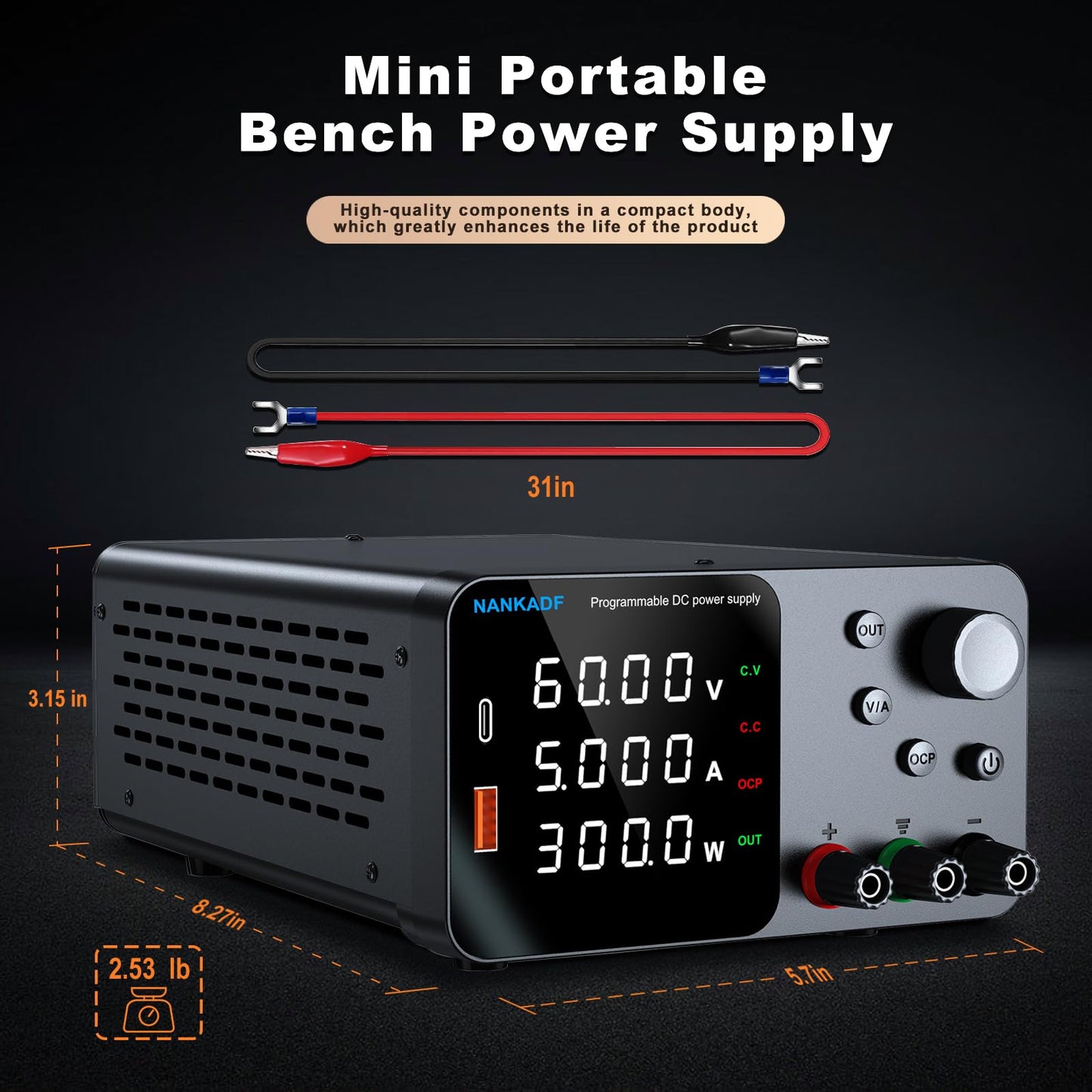 DC Power Supply, Bench Power Supply with Encoder Adjustment, 5V/3.6A USB&Type-C Quick-Charge, Adjustable Power Supply with Output Enable/Disable Button, Short Circuit Alarm