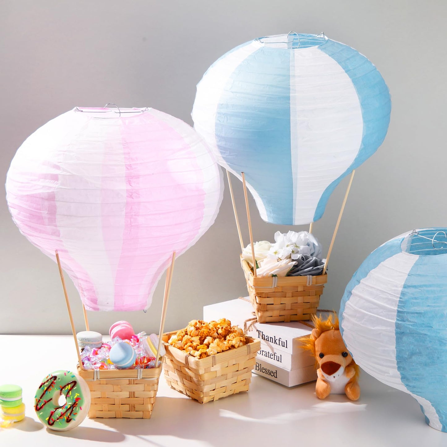 Meooeck 8 Sets Blue Hot Air Balloons Decorations Baby Shower Table Centerpieces 11.8'' Paper Lantern with Basket for Gender Reveal Birthday Wedding Graduation School Party Supplies