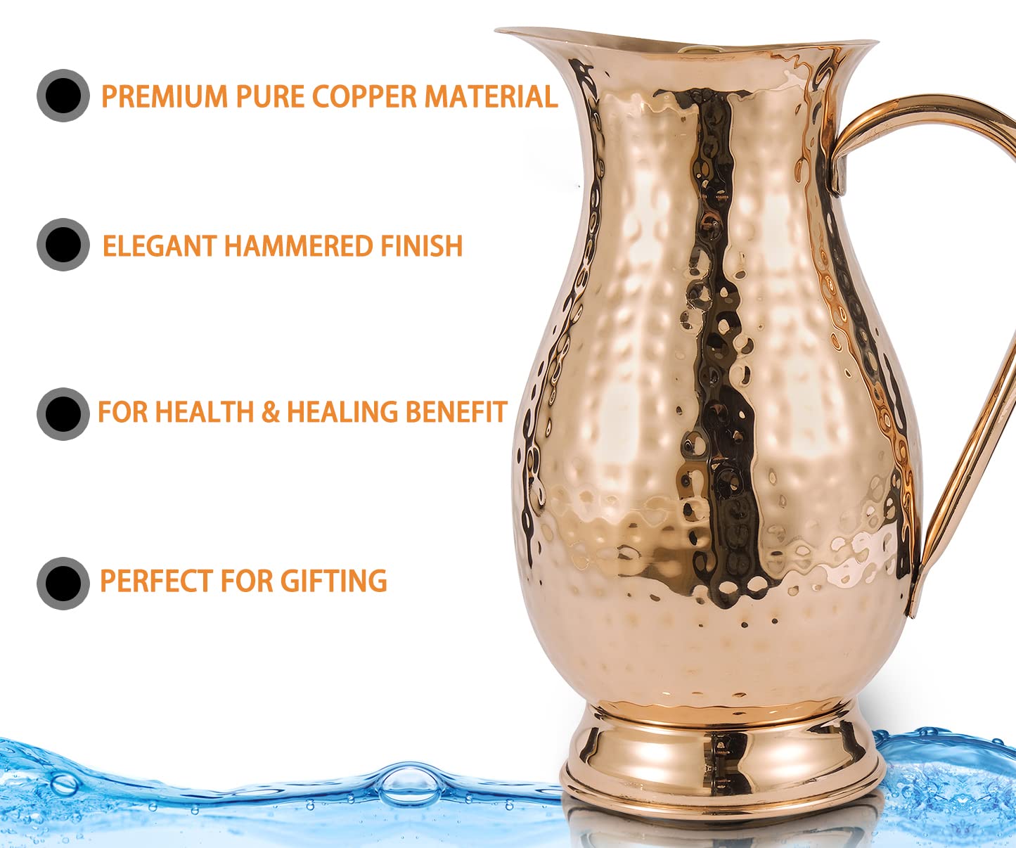Pure Copper Pitcher with a Lid, Large Size Solid Handcrafted Copper Water Hammered Jug, Capacity 70 Oz/2000ml, Copper Carafe For Home, Hotels & Gifting