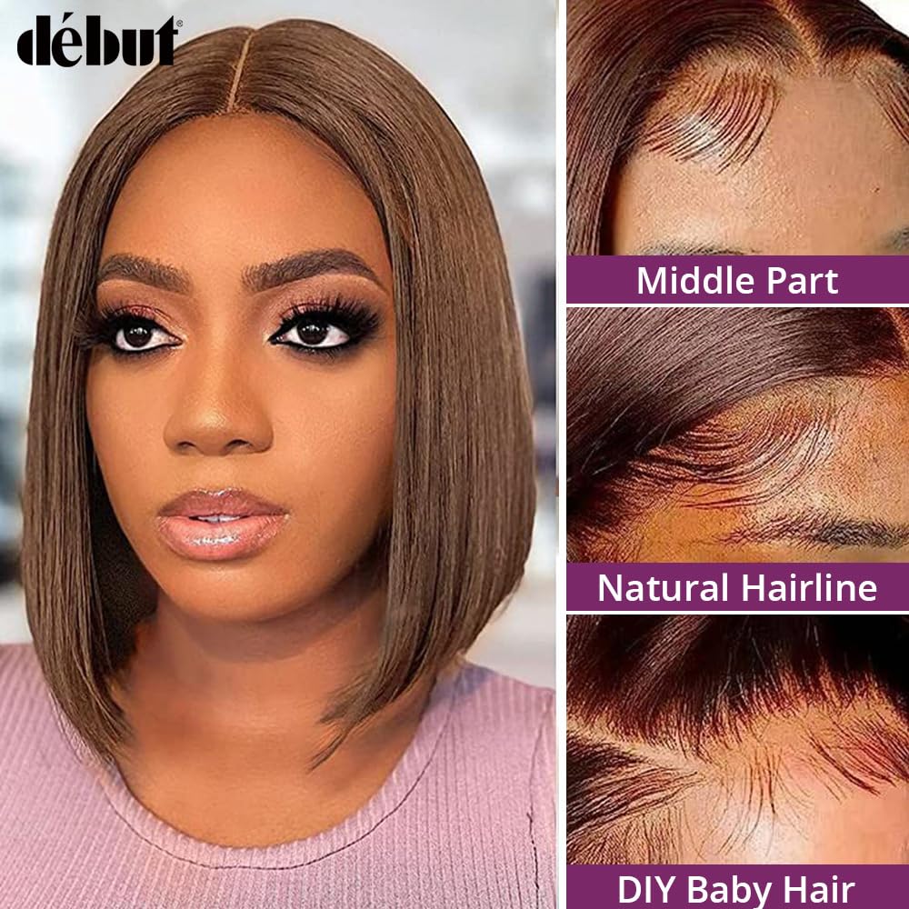 DÉBUT Medium Brown T Part Short Bob Wigs Lace Front Human Hair Wigs for Black Women Brazilian Virgin Straight Hair Middle Part 13x4x1 Wigs Chocolate Brown 10 Inches