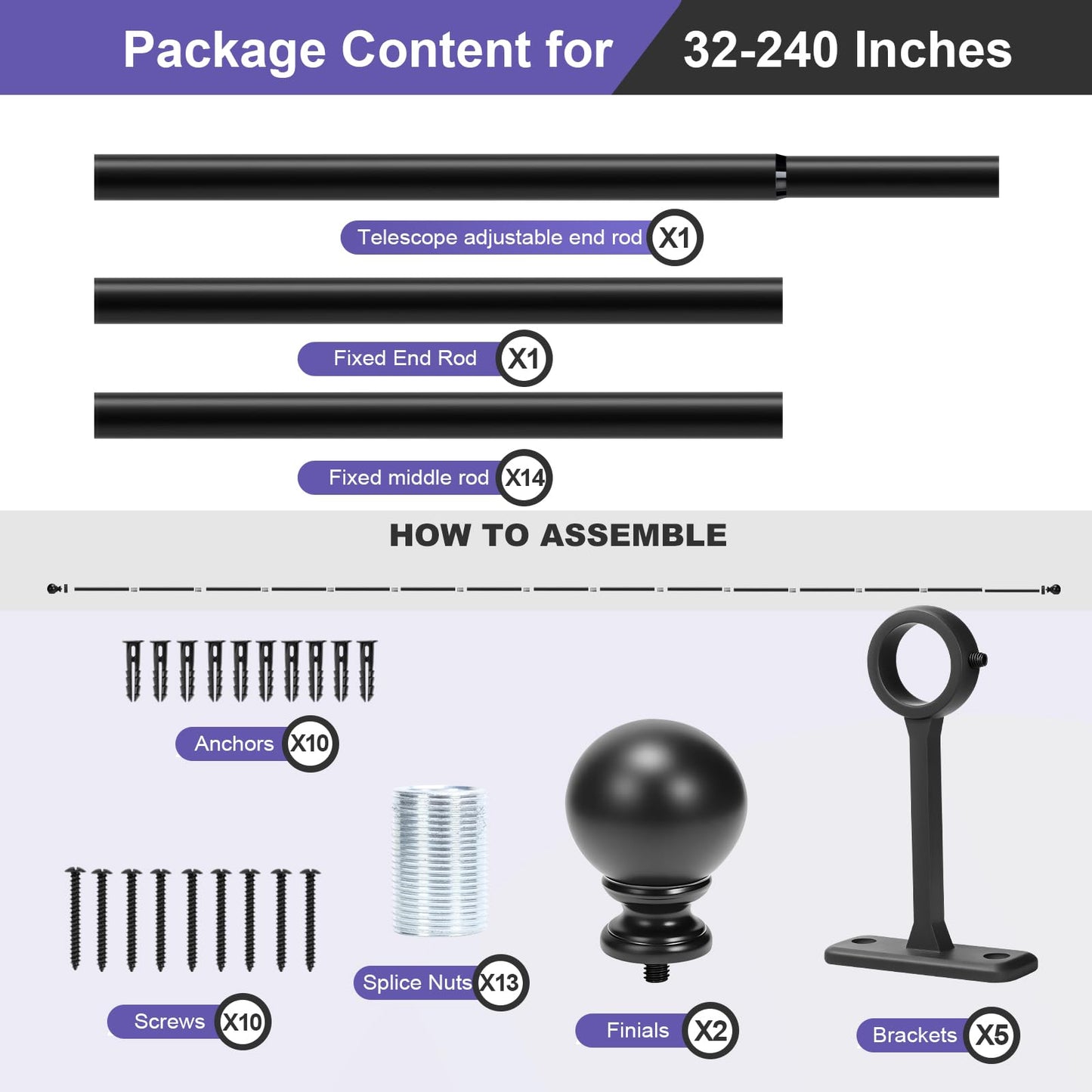 1 Inch Adjustable Heavy Duty Curtain Rod - Extra Long 30-240 Inches for Windows, Room Dividers, Indoor/Outdoor Use - Matte Black, Durable & Stylish Design