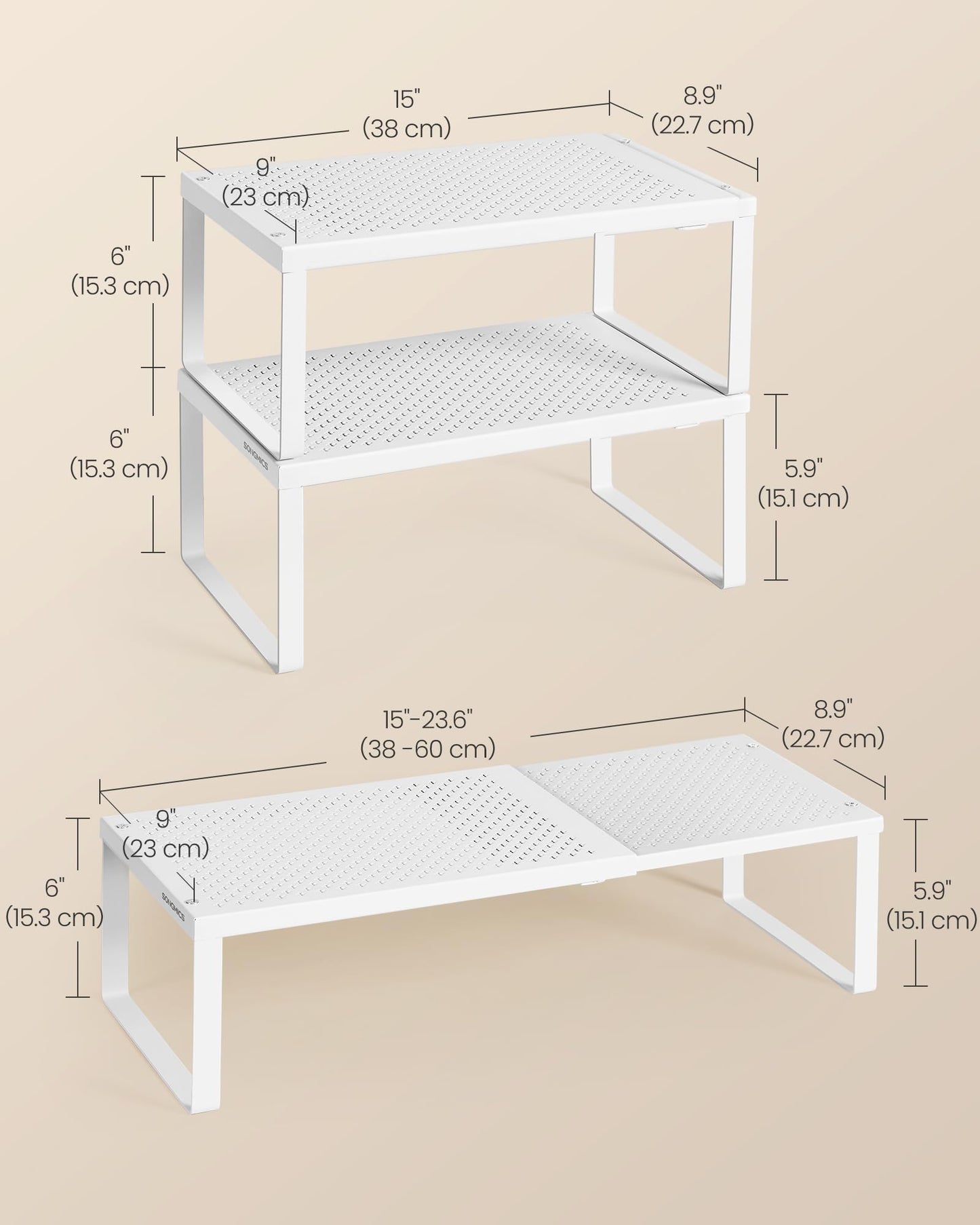 SONGMICS Spice Racks, Set of 4 Expandable Kitchen Countertop Shelves, Small Cupboard Organizers, Metal, Space-Saving Tabletop Shelves, Matte White UKCS404WC01