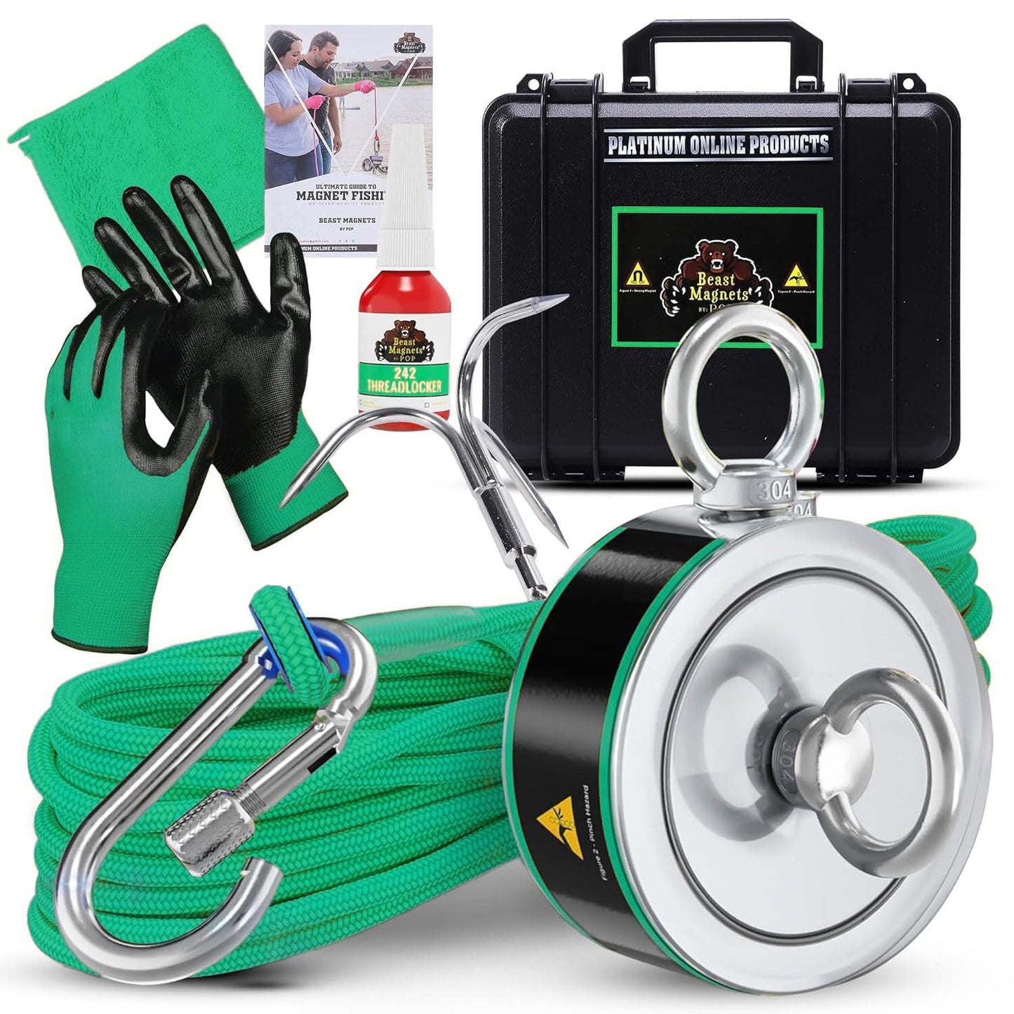2000LB’s Complete Magnet Fishing Kit | Double Sided Fishing Magnet Kit with Case | Includes Strong Neodymium N52 Magnets, Durable 65ft Rope, Carabiner, Gloves, Grappling Hook & Carry Case
