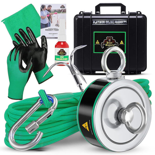 2000LB’s Complete Magnet Fishing Kit | Double Sided Fishing Magnet Kit with Case | Includes Strong Neodymium N52 Magnets, Durable 65ft Rope, Carabiner, Gloves, Grappling Hook & Carry Case