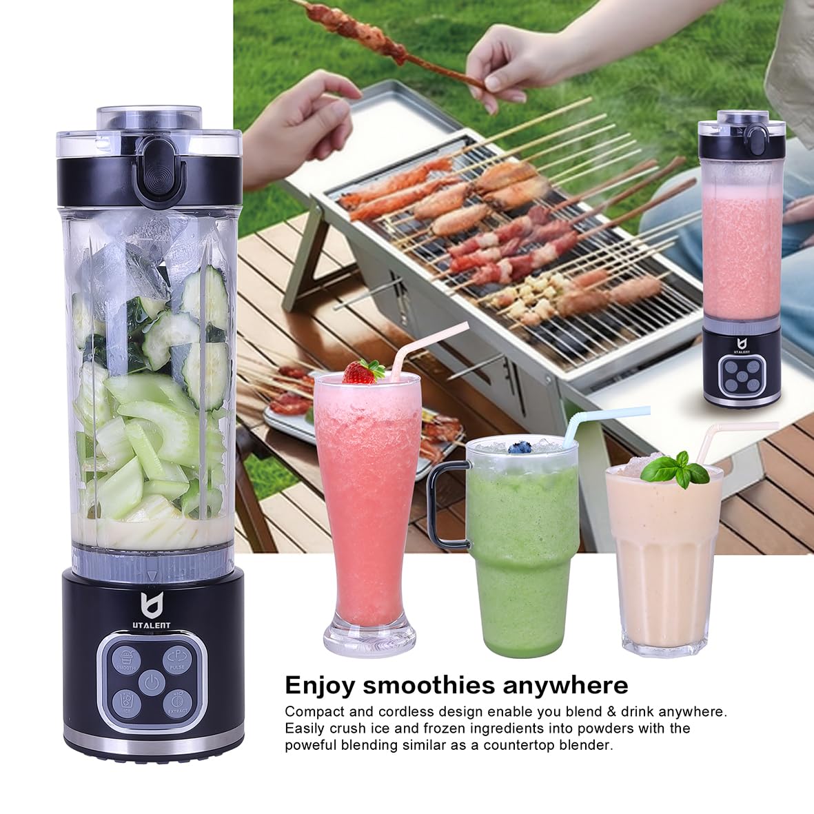 UTALENT Cordless Portable Blender, 25 oz removable Vessel, 700W Personal Blender, For-Smoothies, Ice Crush, 4 Programs, Leakproof-Lid & Sip Spout, USB-C Rechargeable, Dishwasher Safe Parts, Black