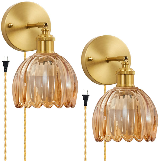 femusytt Plug in Wall Sconces Set of 2, Vintage Wall Lamp with Plug in Cord Amber Tulip Glass Shade Decor Indoor, Gold Wall Light for Bedroom Bedside Kids Living Room Bathroom