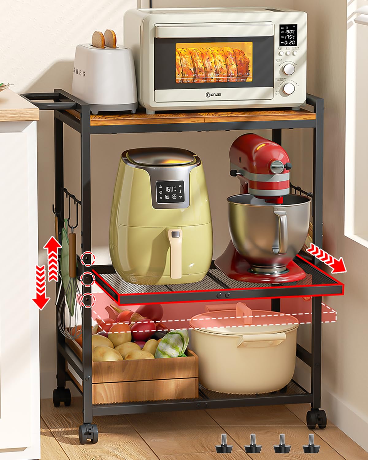 3-Tier Microwave Cart with Adjustable Shelves, Rolling Kitchen Cart with Push Handle & Smooth Slider Shelf, Small Utility Stand with Storage for Small Space Kitchen, Waterproof & Hardwood Floor Safe