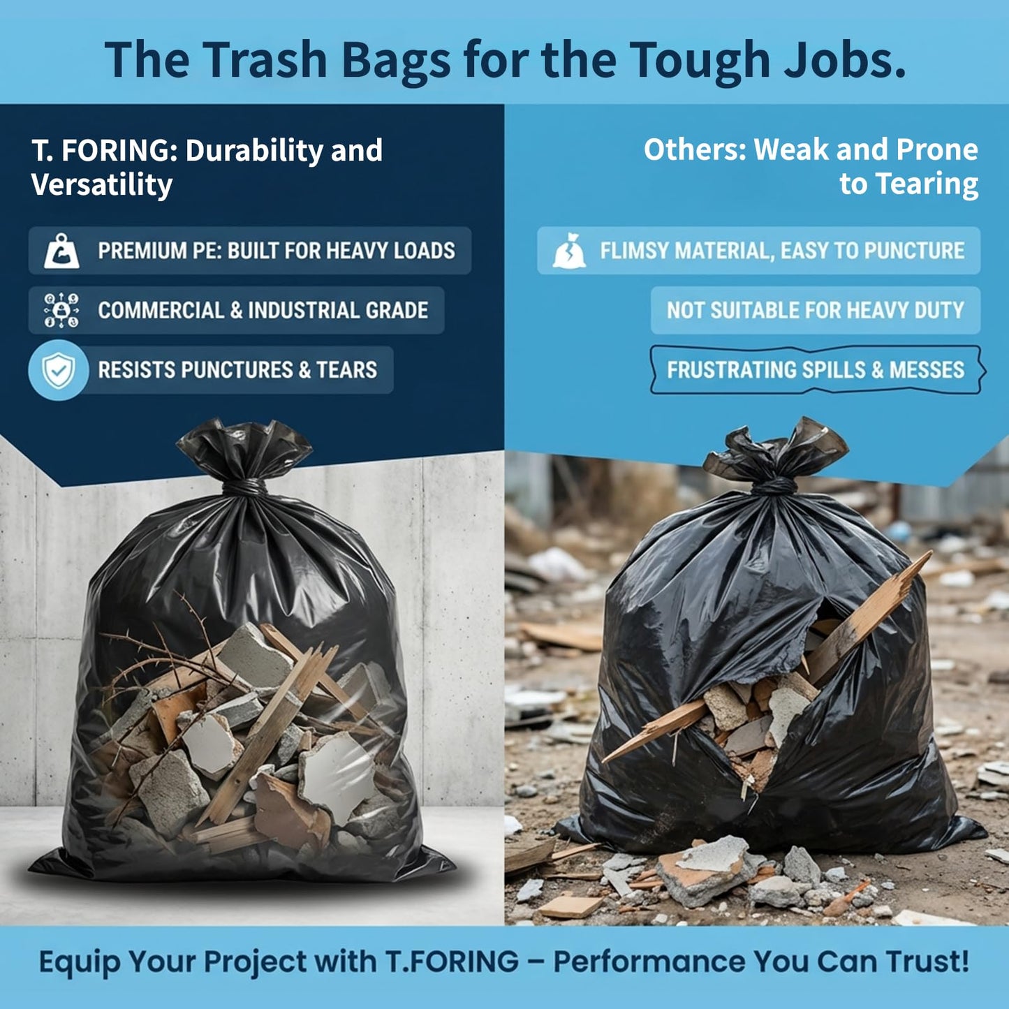 T.FORING 55-60 Gallon Black Trash Bags 120 Count - 40''x53'' Extra Large 50+ Gallon Garbage Bags,Unscented Strong Huge Can Liners for Construction Industrial Yard Outdoor Commercial