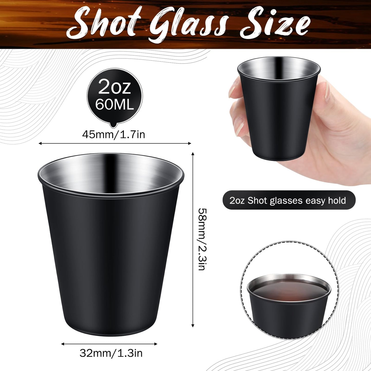 100 Pcs 2 oz Stainless Steel Shot Glasses Metal Cups Small Unbreakable Shot Glass for Espresso Whiskey Bar Home Restaurant Camping Barware Gift (Black)