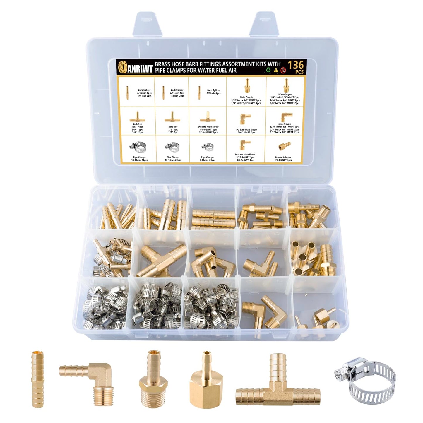 136Pcs Brass Hose Barb Fittings Assortment Kit Barb Splice/Female Adapter/Coupler/Tee/Male Elbow NPT Thread 1/8" 3/16" 1/4" 5/16" 3/8" 1/2" Air Hose Fittings with Pipe Clamps for Water/Air/Fuel
