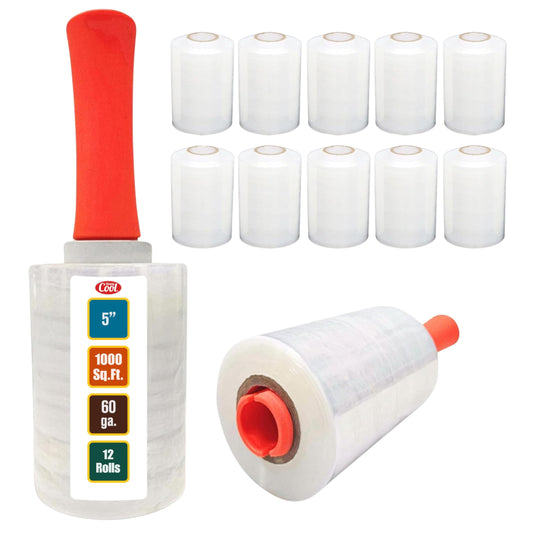 12 Pack Industrial Strength Mini Hand Stretch Wrap with 2 Plastic Handles, 60 Gauge Thick, 5" x 1000 Ft Roll, Shrink Wrap Roll for Moving Pallets, Plastic Wrap for Packing, Heavy Duty Stretch Film