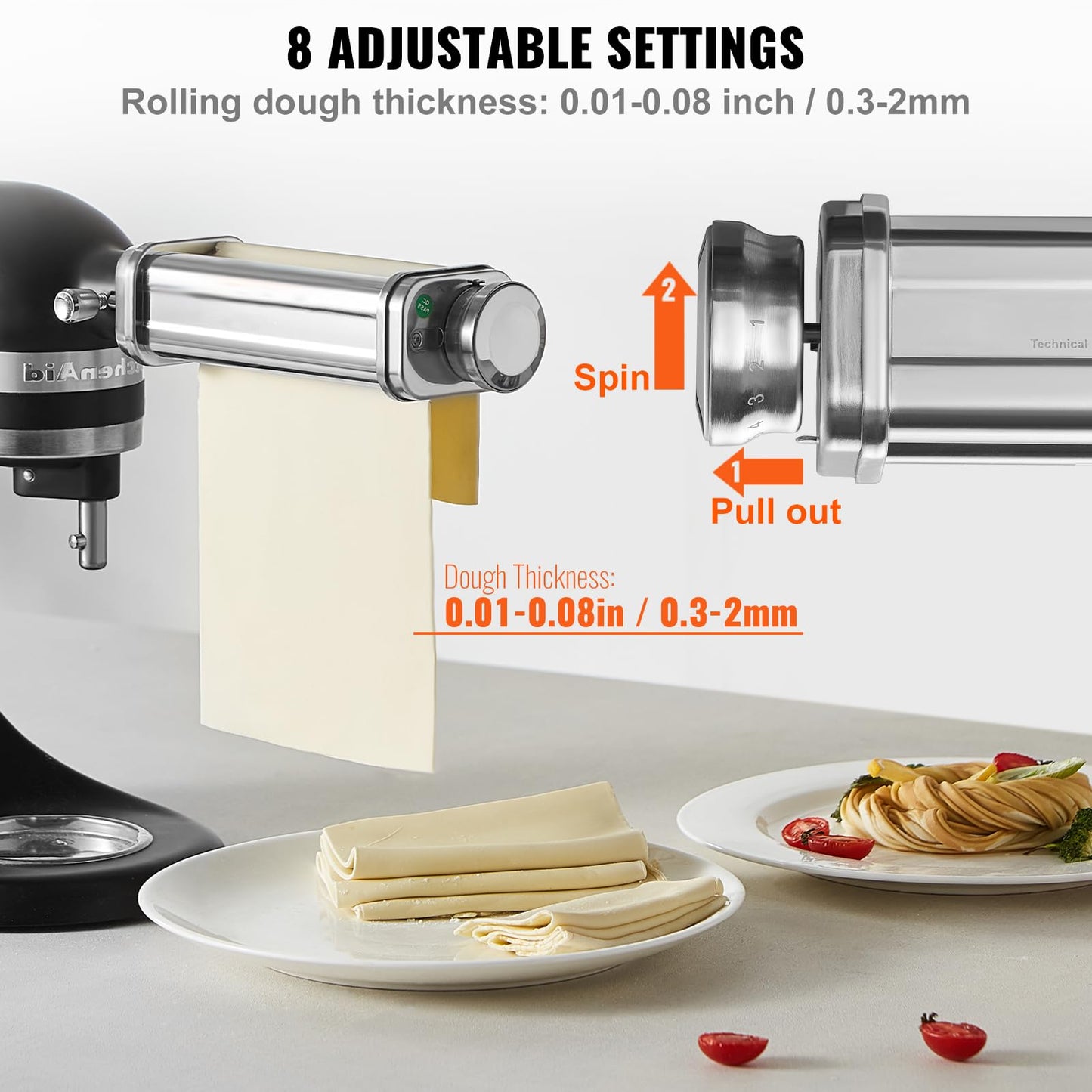 VEVOR Patsa Roller Attchemnt for KitchenAid Stand Mixer, Stainless Steel Pasta Maker Attachment, Pasta Maker Machine Accessory with 8 Adjustable Thickness Knob, KitchenAid Pasta Attachment by VEVOR