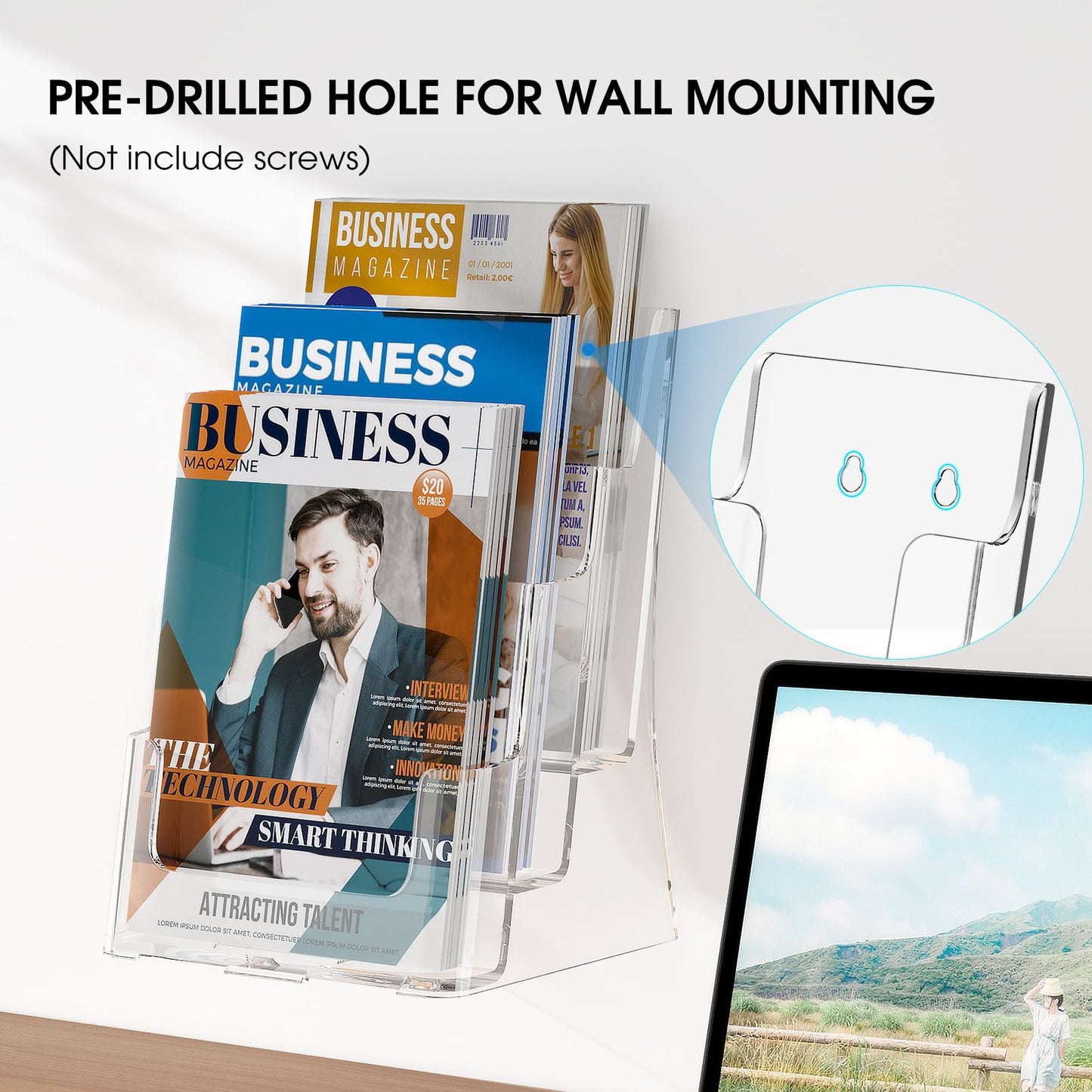 KTRIO Acrylic Brochure Holder 8.5x11 Inch, 3 Tier Literature Display Stand Clear Magazine Holder with Removable Divider for 4-inch Pamphlet, Flyers, Trifold Booklet, Wall Mount & Countertop, 2 Pack