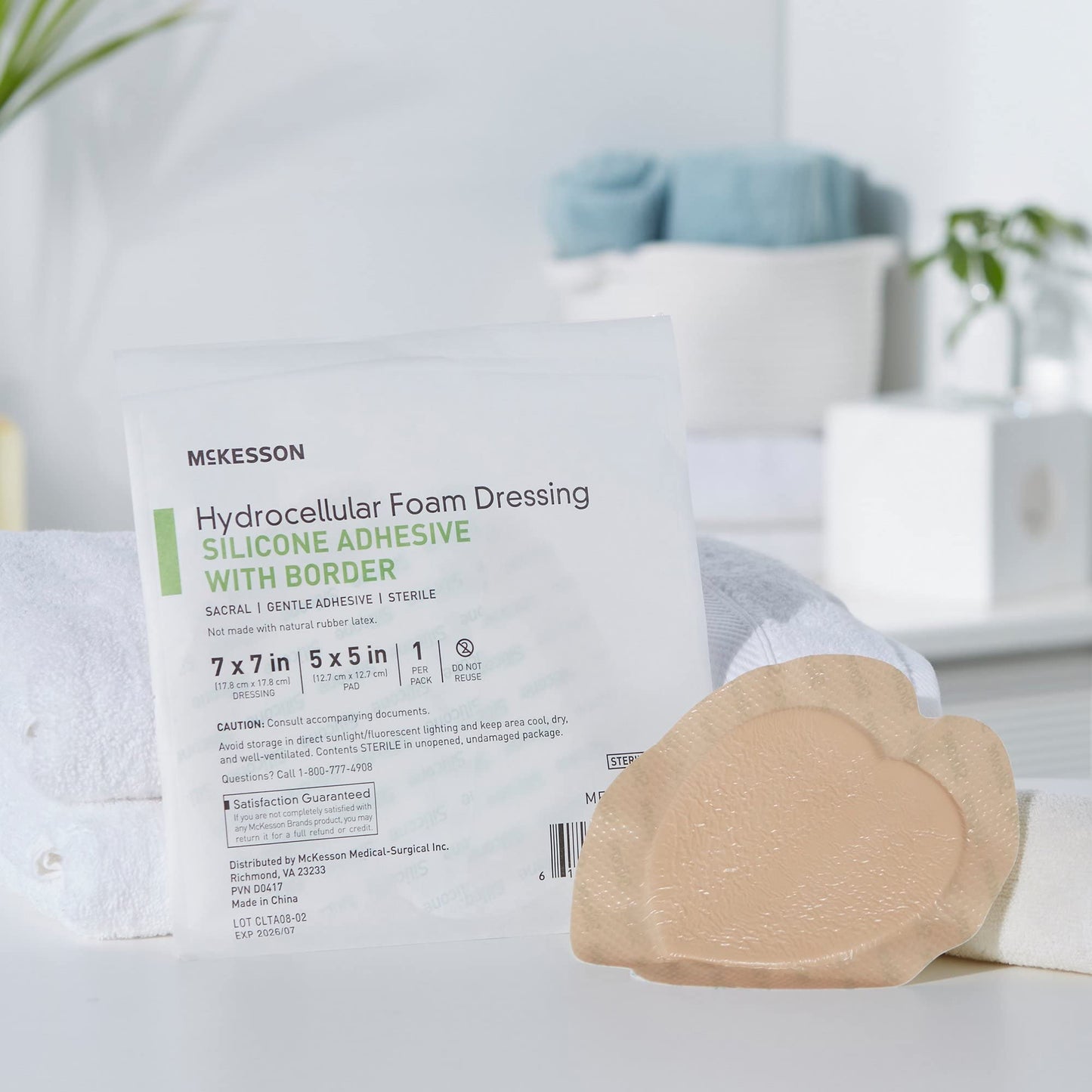 McKesson Hydrocellular Foam Dressings, Sterile, Silicone Adhesive with Border, Dimension 7 in x 7 in, Pad 5 in x 5 in, 10 Count, 1 Pack