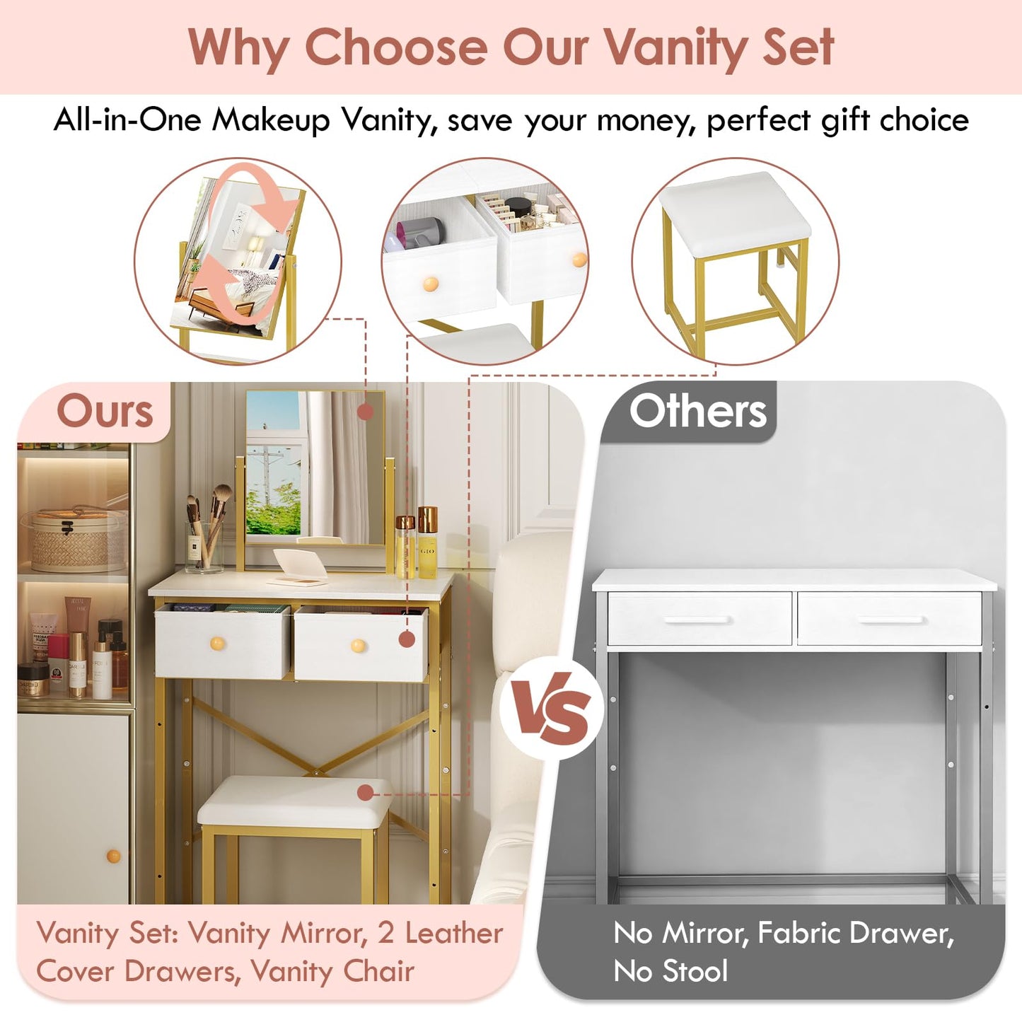 X-cosrack Small Makeup Vanity Desk with Mirror & Chair, Mini Vanity Desk Table Set with Fabric Storage Drawer, 19.7" Compact Vanity Desk for Girls, Dressing Table with Chair for Bedroom, White Golden