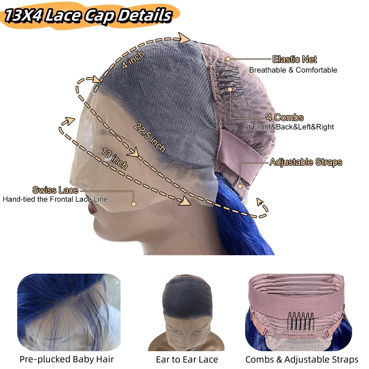 Suresen Dark Blue 13x4 Lace Front Wigs Human Hair Pre Plucked 180% Density 26 Inch Body Wave Hd Lace Front Wig Human Hair Pre Plucked Dark Blue Human Hair Wig with Bleached Knots Natural Hairline