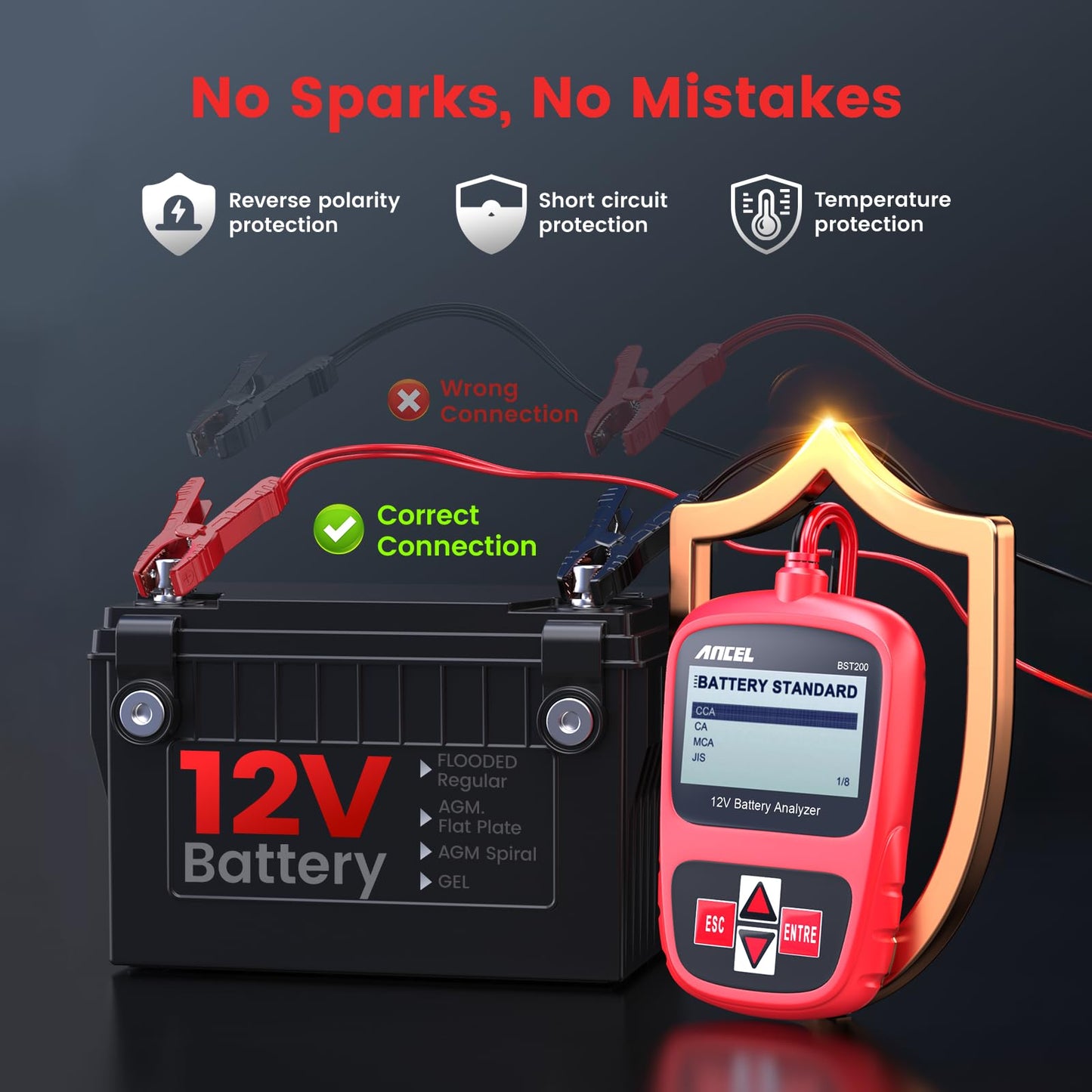 ANCEL BST200 Car Battery Tester 12V Battery Load Tester, 100-1100 CCA Automotive Digital Analyzer Tool with Upgraded Reinforced Clamps for Car Truck SUV Motorcycle Boat Marine Vehicles