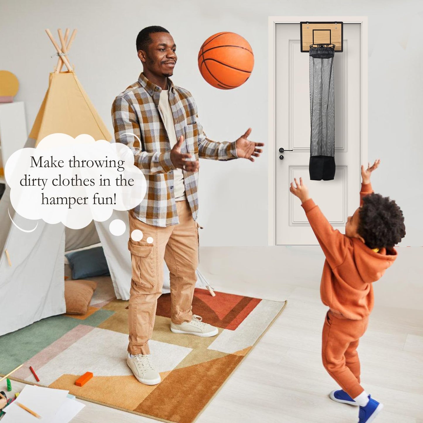 DRXX FEXE Over the Door Basketball Hoop Laundry Basket ,Wooden Basketball Laundry Hamper with Zipper for Kids Room,Dorm Rooms,Bathroom,Saving Space Storage and Organization