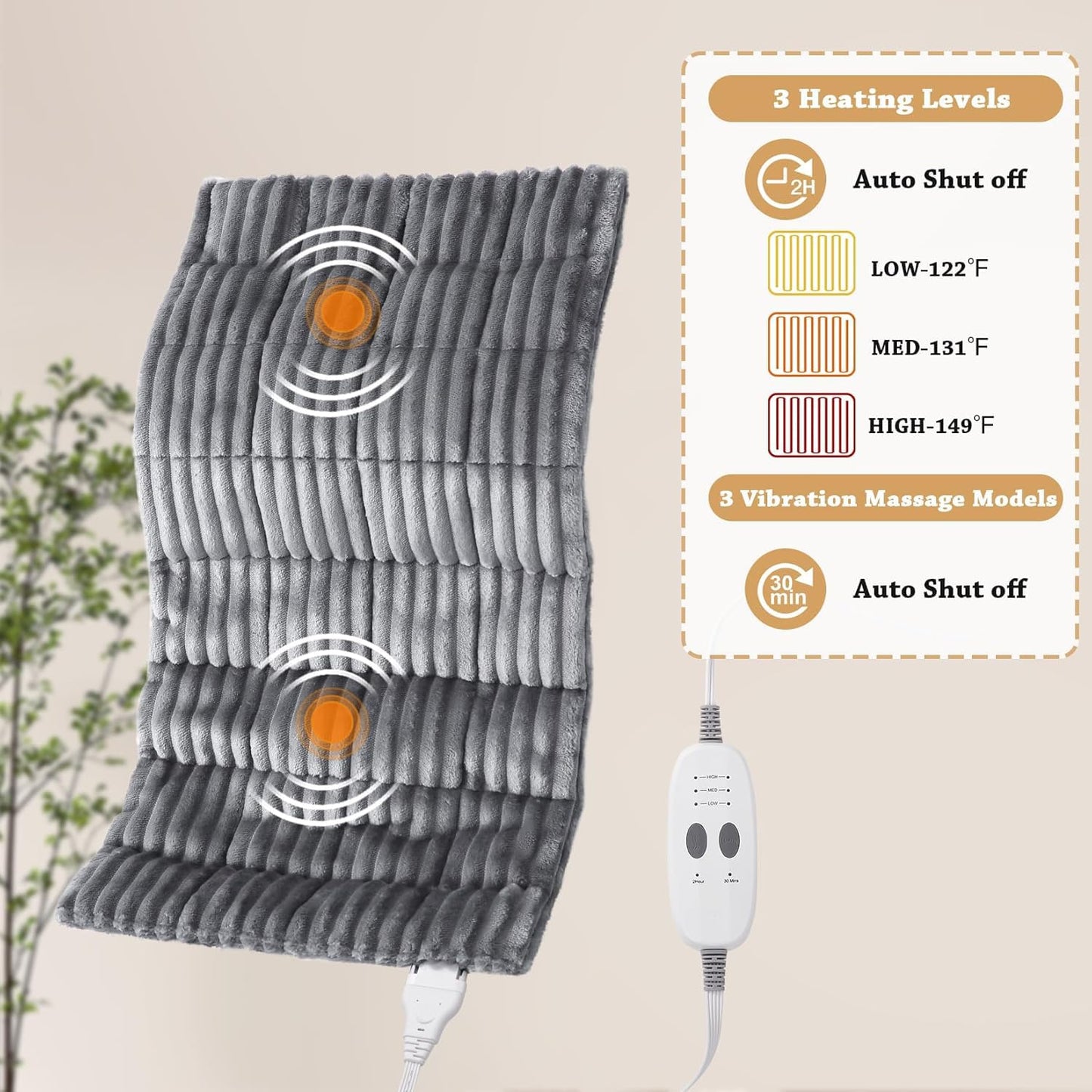 Massaging Weighted Heating Pads for Back Pain Relief and Cramps, 33''*18'' Ribs Fannel Electric Heating Pad with Massage Vibrations, 6 Settings- 3 Heat, 3 Massage- 9 Relaxing Combinations