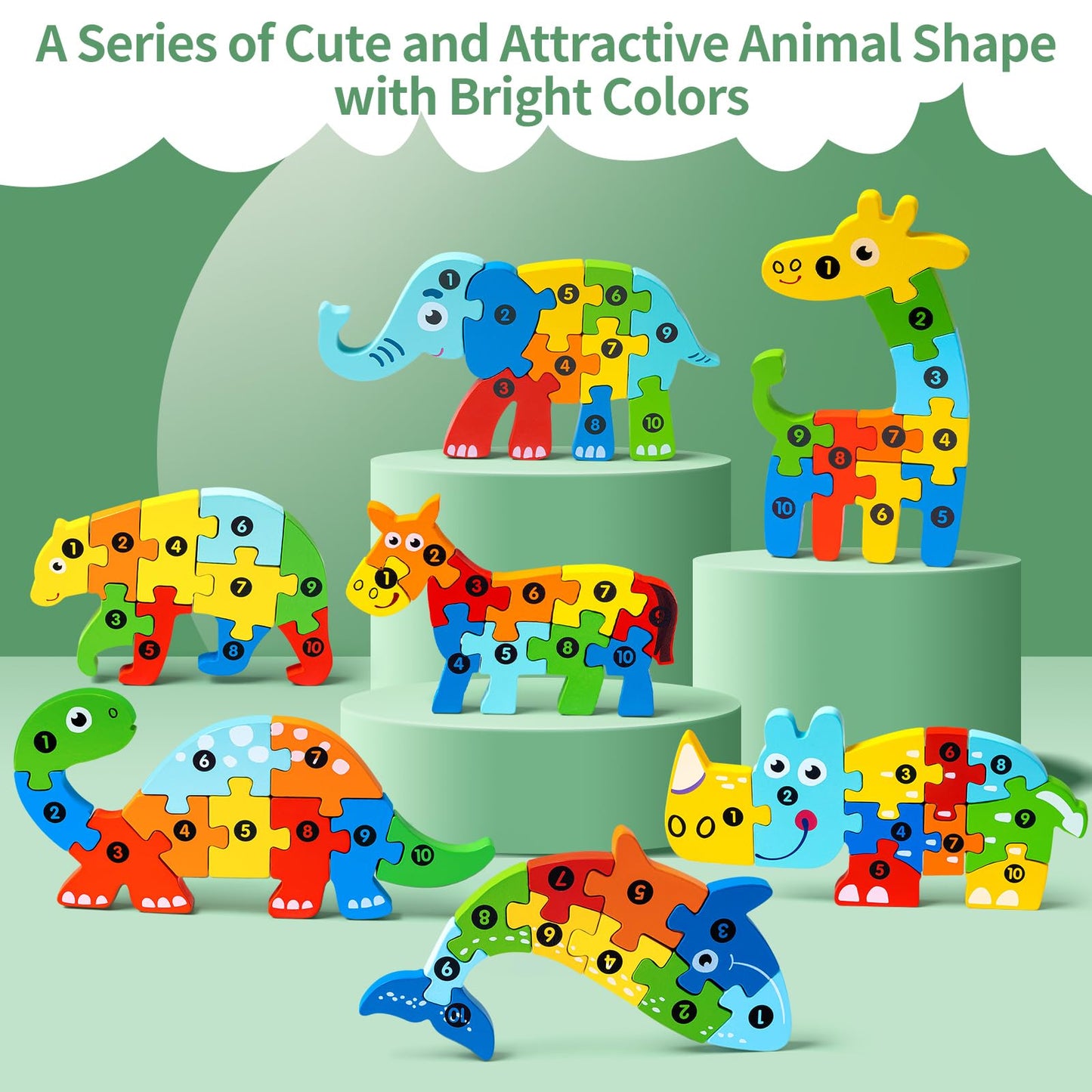 7 Pack Wooden Puzzles for Toddlers 3-5, Montessori Animal Puzzles for Kids Ages 3-5 with Numbers 1-10, Preschool Learning Educational Toys for 3 4 5 Year Old Boys Girls Birthday Gift