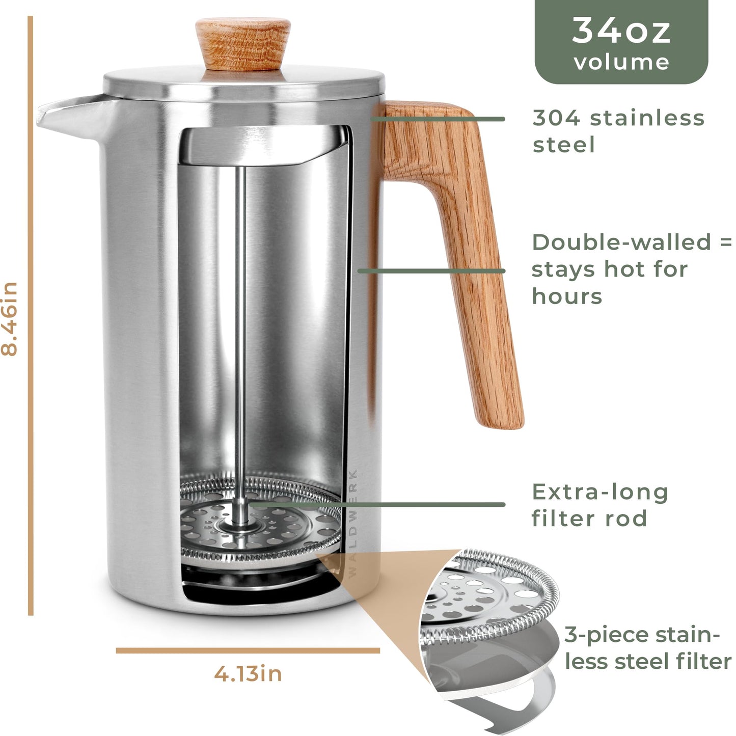 WALDWERK French Press (34 oz) - Non-Toxic Stainless Steel Double Wall French Press Coffee Maker - Plastic Free Coffee Press with Oak Wood Handle - No Plastic