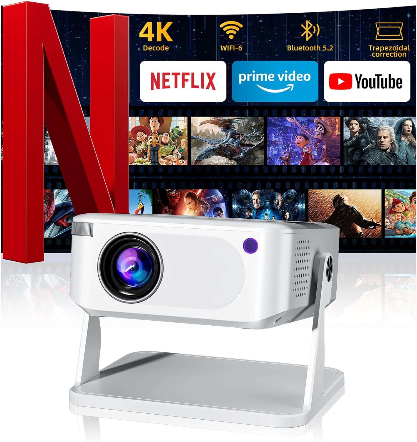 Mini Projector with WiFi 6 and Bluetooth 5.2, Portable Projector 4K Support, Auto Vertical Keystone 270° Rotatable, Compatible with Smartphone/TV Stick/Box/USB/HDMI
