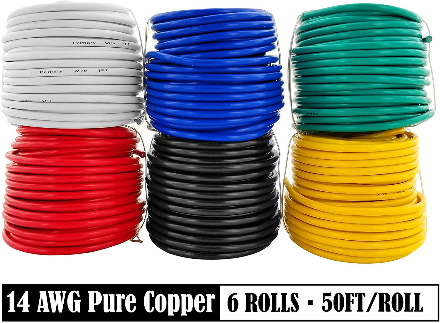 GS Power 100% Copper 14 AWG (American Wire Gauge) Automotive Primary Wire 6 Roll Color Combo (50 Feet Roll, 300 FT Total) for 12V Car Audio Video Trailer Harness Wiring (Also in 16 & 18 GA Combo)