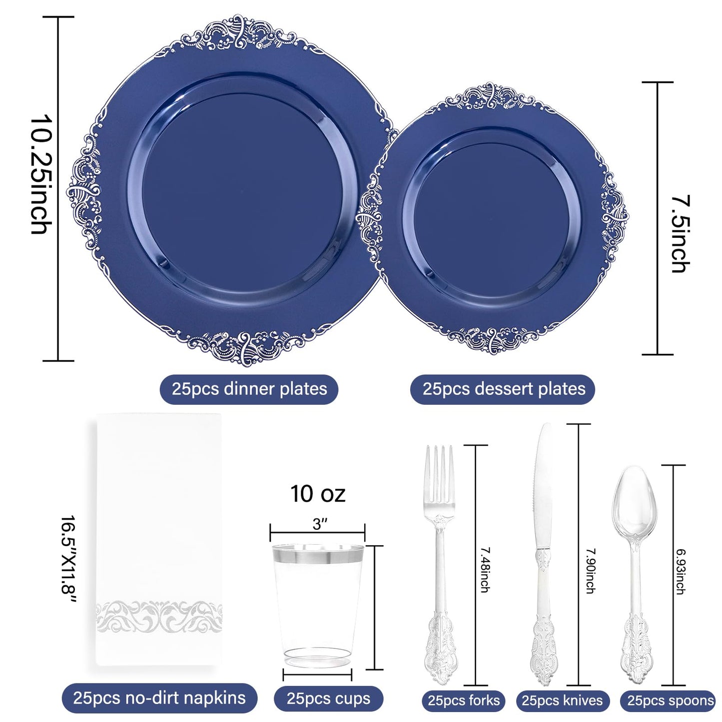 Hioasis 175pcs Blue and Silver Plastic Plates - Elegant Disposable Dinnerware Set Suitable for 25 Guests Include 10.25" Dinner & 7.5" Dessert Plates, Cutlery, Napkins, Cups for Party & Wedding
