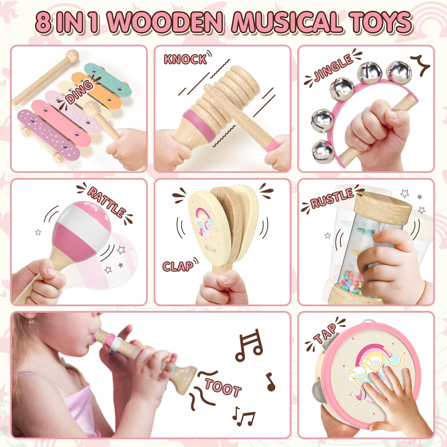 Lehoo Castle Baby Musical Instruments, Montessori Wooden Musical Toys for Toddlers 1-3, Kids Percussion Instruments with Xylophone Maracas, Educational Learning Toys Gift for 1 2 3 Year Old Girls