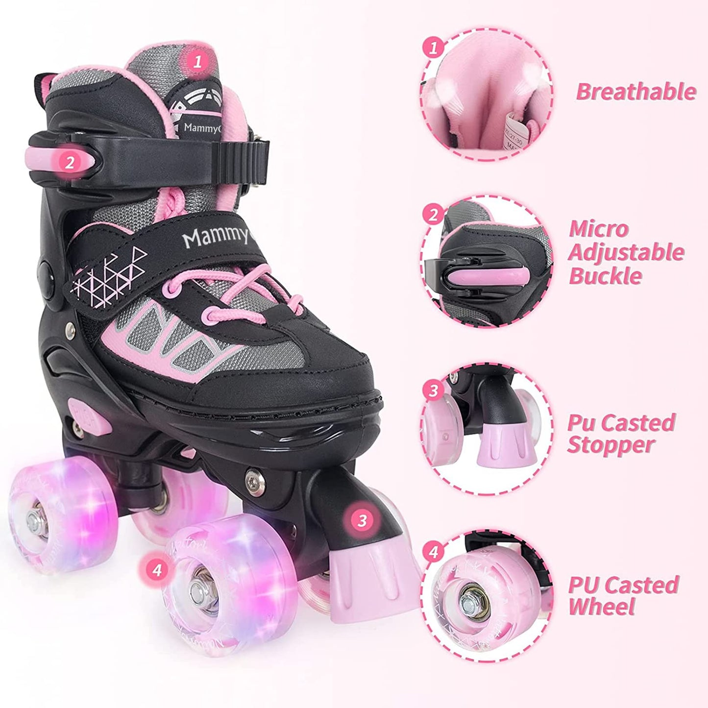 MammyGol Roller Skates for Kids Boys Girls, Adjustable Quad Skates with Light Up Wheels for Toddler Big Kids Ages 6-12 Size 3 4 5 6, Beginners Outdoor Sports, Pink