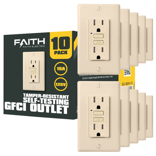 Faith 15A GFCI Outlet, ETL Listed, Tamper-Resistant GFI Duplex Receptacles with LED Indicator, Self-Test Ground Fault Circuit Interrupter with Wall Plate, 10-Pack, Ivory