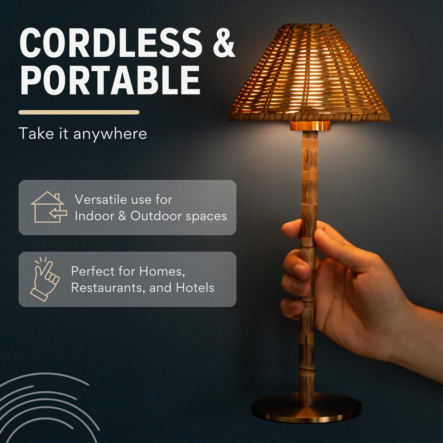 LUXELYKOS Bamboo Cordless LED Table Lamp – Rechargeable 24-Hour Battery, Dimmable Warm Light, 15" Portable Wireless Lamp with Remote for Indoor/Outdoor Use, Home, Patio, Restaurant – Natural Rattan