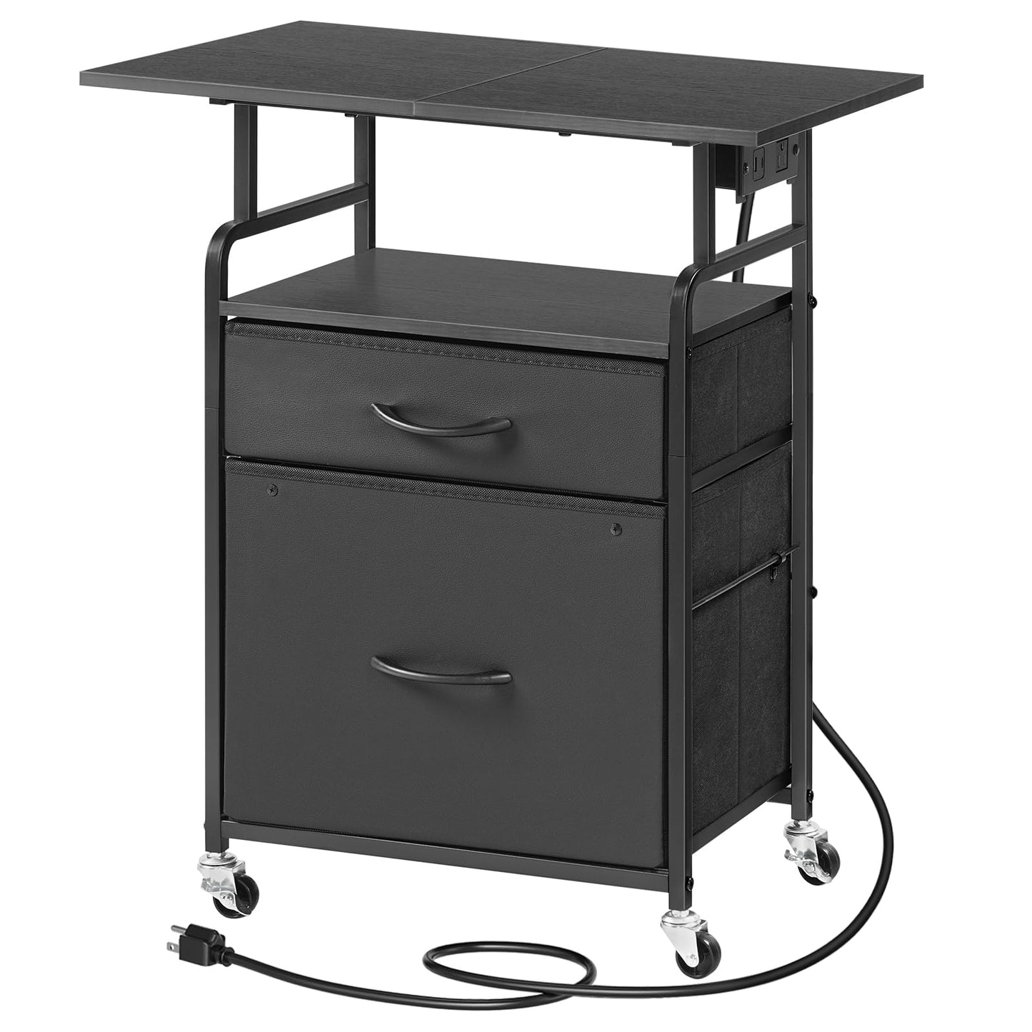 HOOBRO Printer Stand, Printer Table with Drawers, Mobile Filing Cabinet with Charging Station, Printer Cart for Home Office, Living Room, Black BB15UPS01
